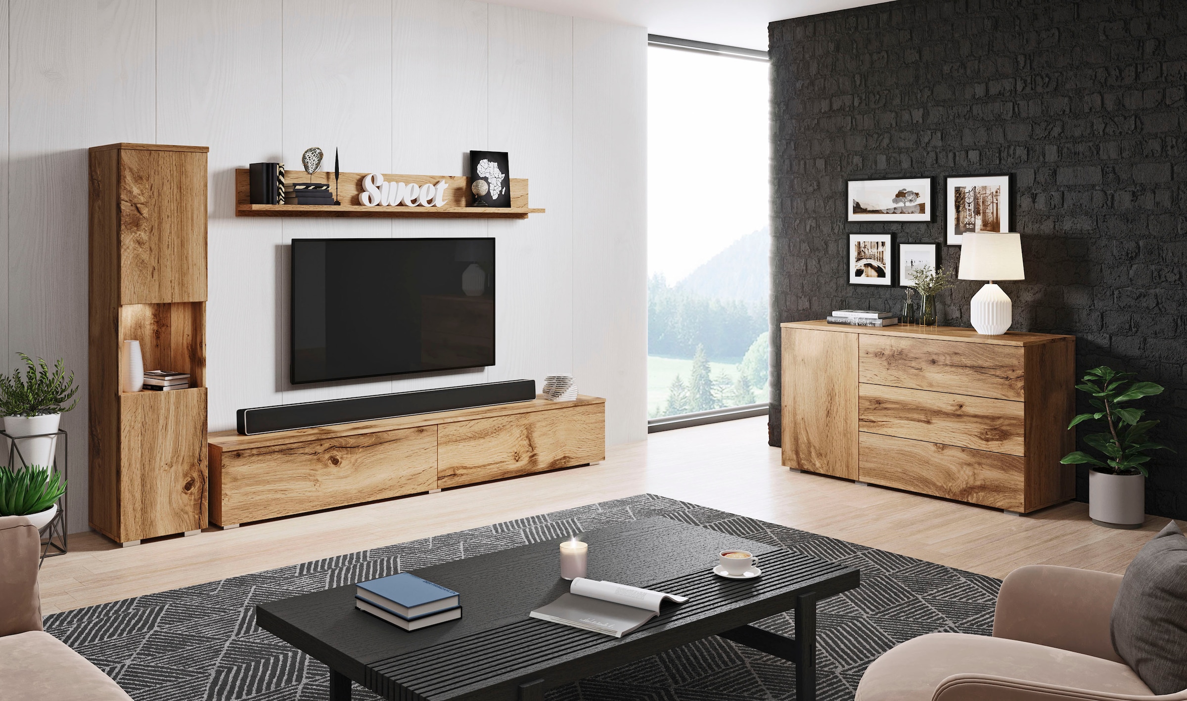 GOODproduct Wohnwand »PARIS, Vitrine Türanschlag links/rechts wechselbar« Komplett-Set, 3 Stk. tlg.