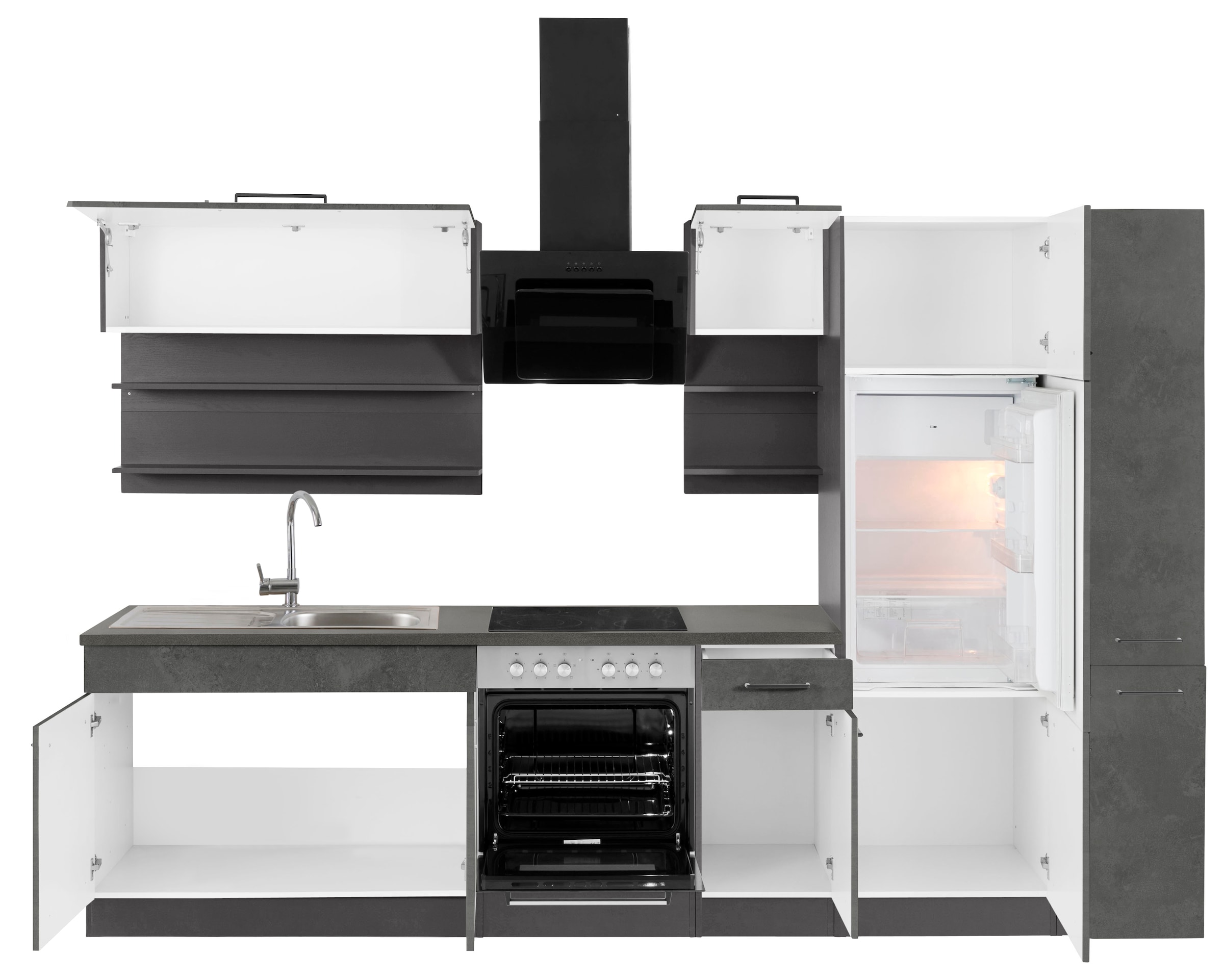 KOCHSTATION Küchenzeile »KS-Tulsa« ohne E-Geräte, Breite 300 cm, schwarze Metallgriffe, MDF Fronten