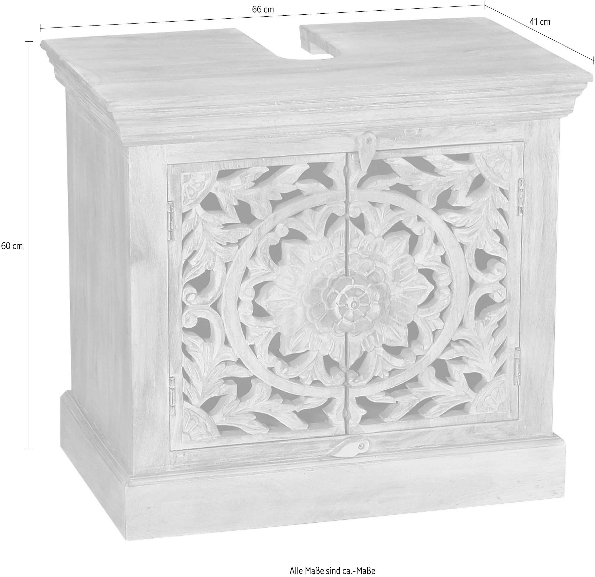 SIT Armoire basse »Gabès aus Mangoholz mit Schnitzereien & 2 Türen« Face décorative avec sculptures artisanales élaborées