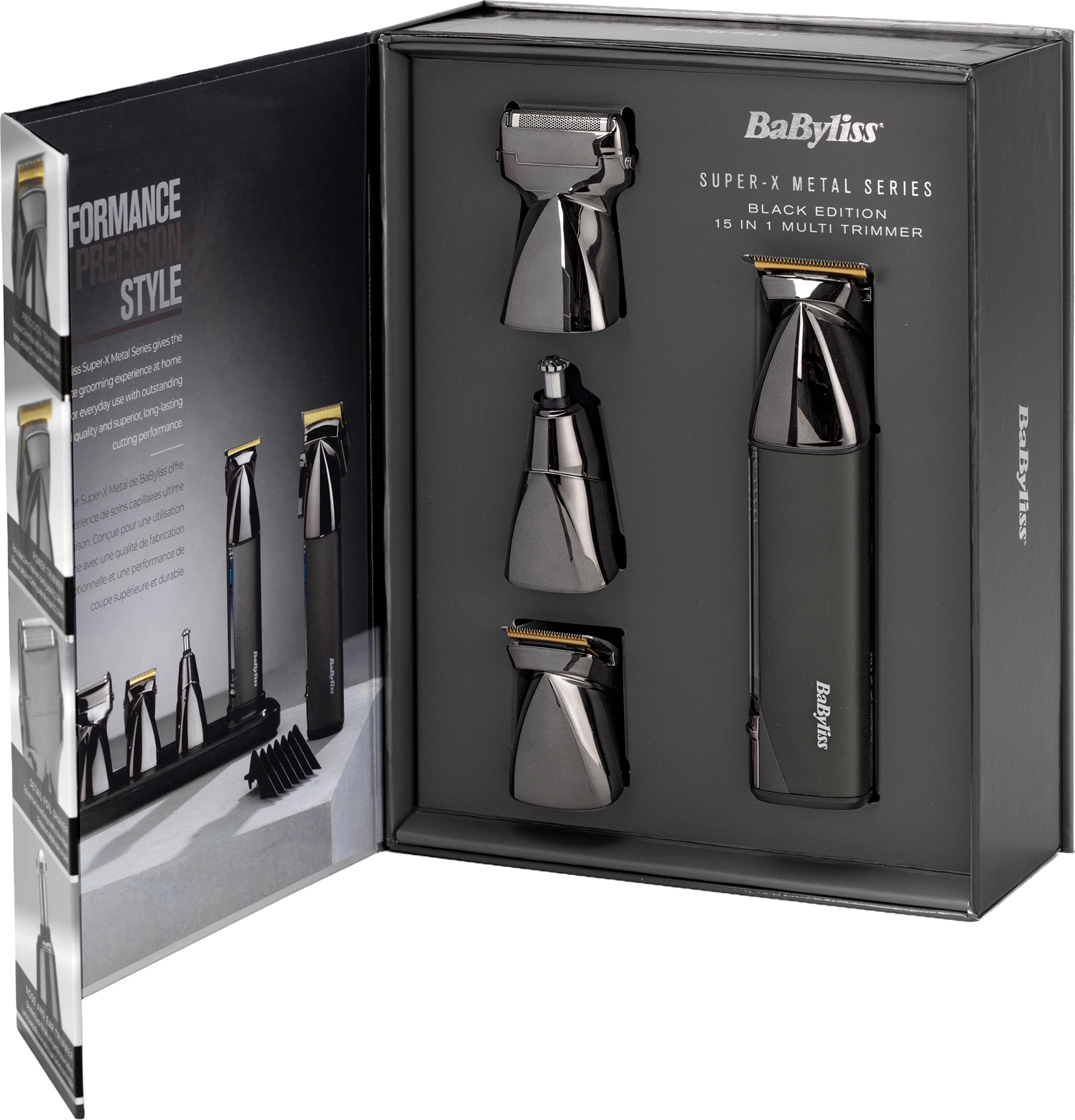 BaByliss Multifunktionstrimmer »BaByliss Super-X Metal 15-in-1 Multitrimmer für Bart & Körper, MT991E« 4 Aufsätze Titan-Klinge, 15 Aufsätze und Kammführungen, USB-Ladestation, kabellos