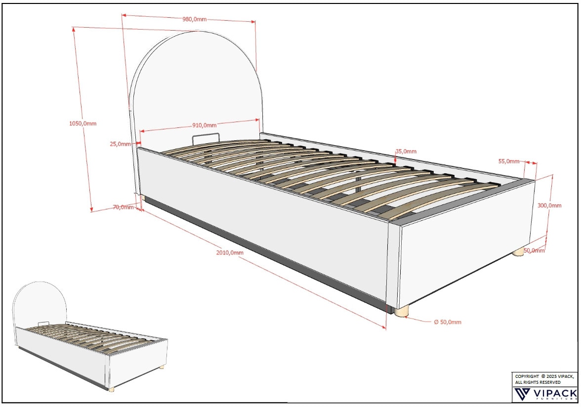 Vipack Lit de boxe »Moon, mit Lattenrost und Stauraum, modernes Design« Tête de lit arrondie, disponible en 2 largeurs,  incl. pieds en bois massif naturel, 3 couleurs de tissu au choix