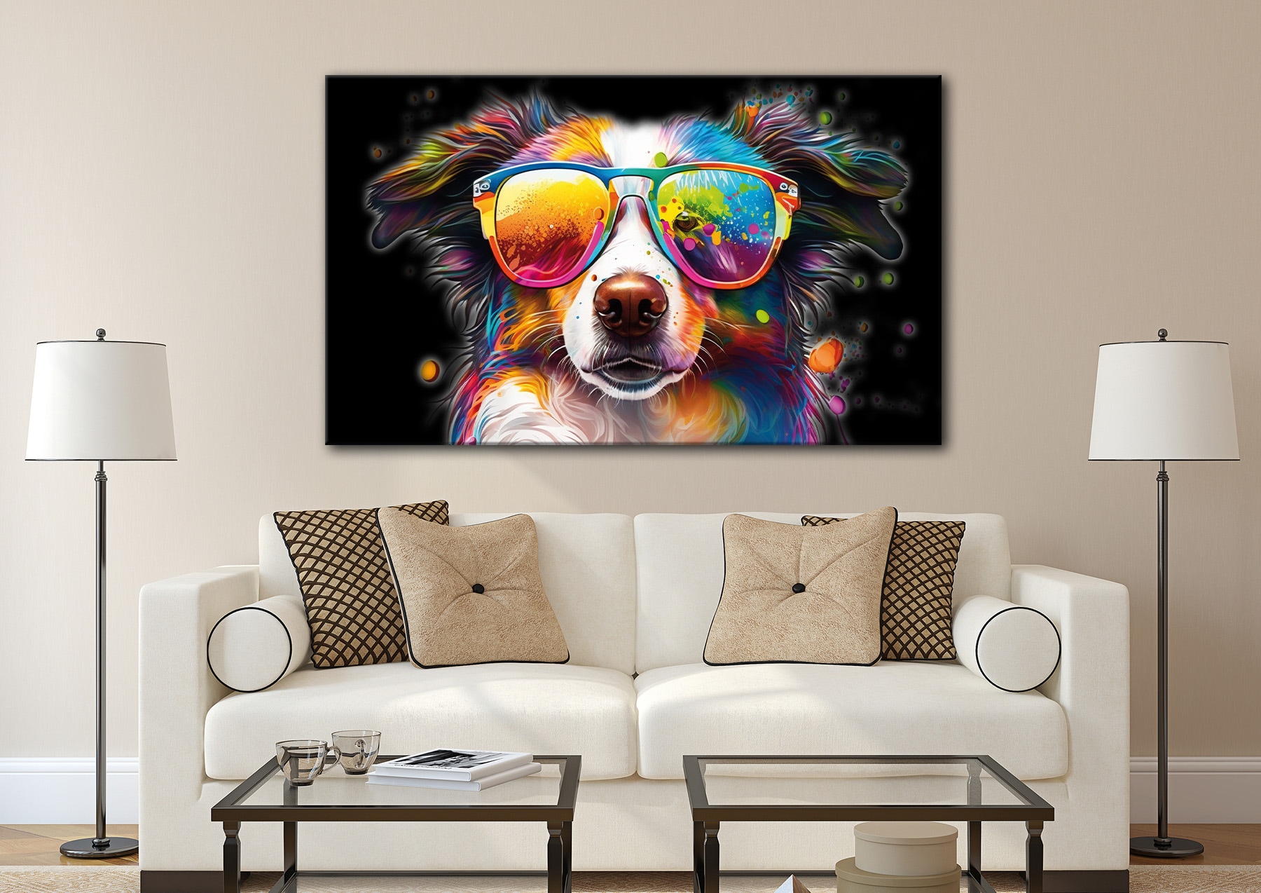 Bönninghoff Tableau sur toile »Wandbild BUNTER HUND XXL 90x150 cm – Leinwandbild Keilrahmen Deko« Images de chiens 1 cuis tlg. tendu sur châssis