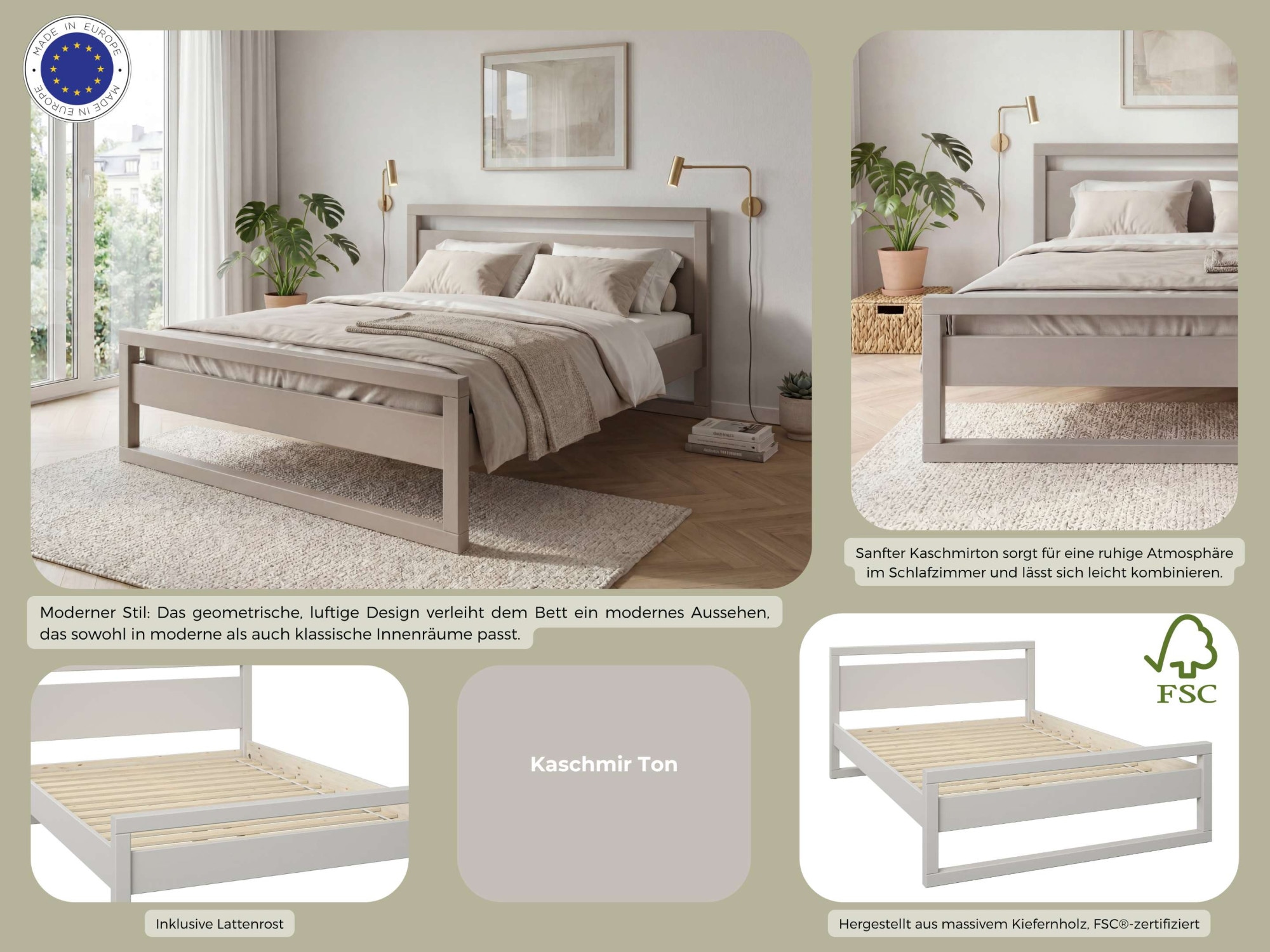 GOODproduct Massivholzbett »Wellow , Kaschmir-Beige-Beige, Kiefer, inklusive Lattenrost« Liegefläche 140x200 cm,  nordisch-modern, bis 180 kg belastbar, FSC® & Made in Europe