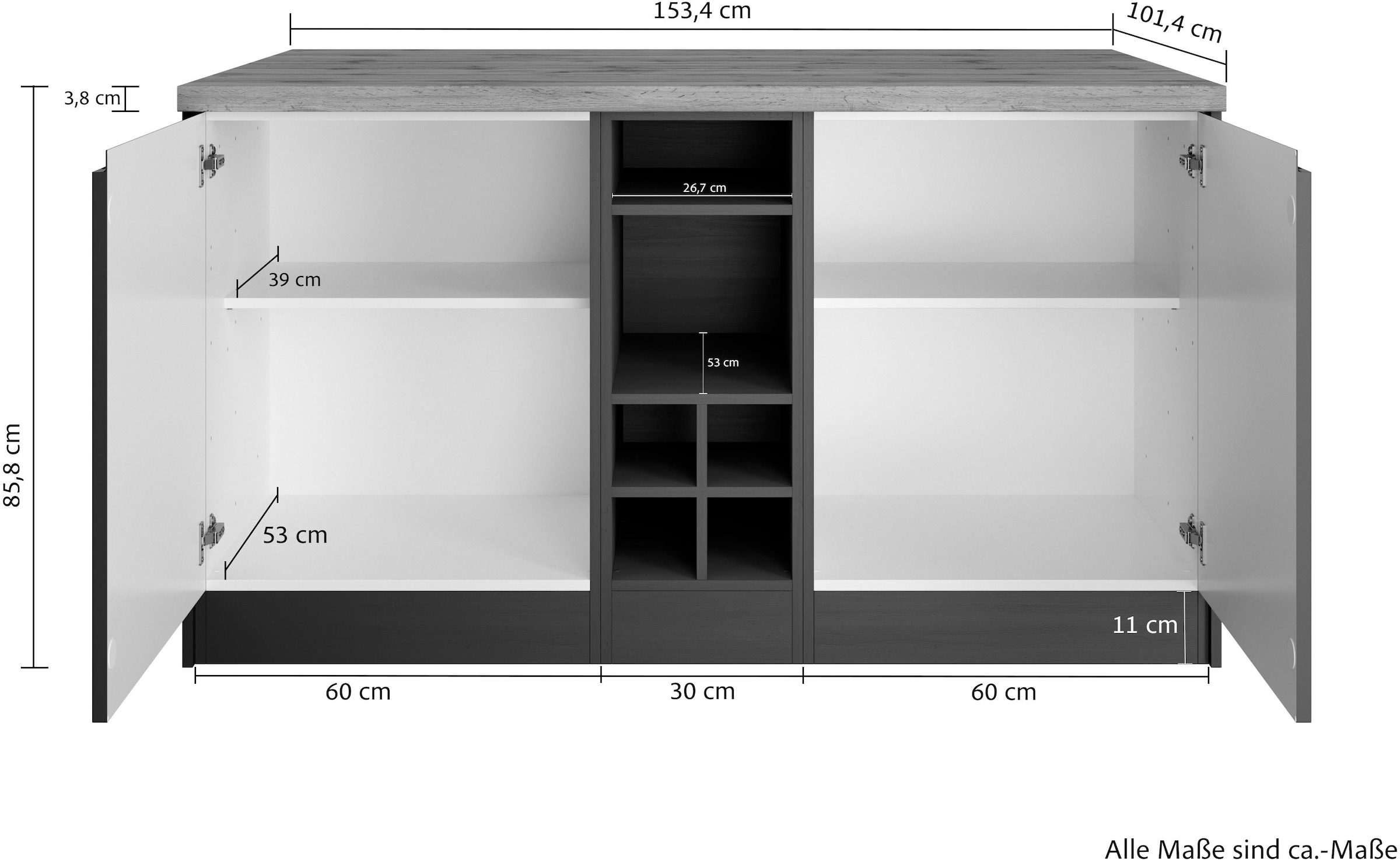 KOCHSTATION Ilot de cuisine »KS-Bruneck, Breite 153 cm« façades MDF, plan de travail épaisseur 38mm