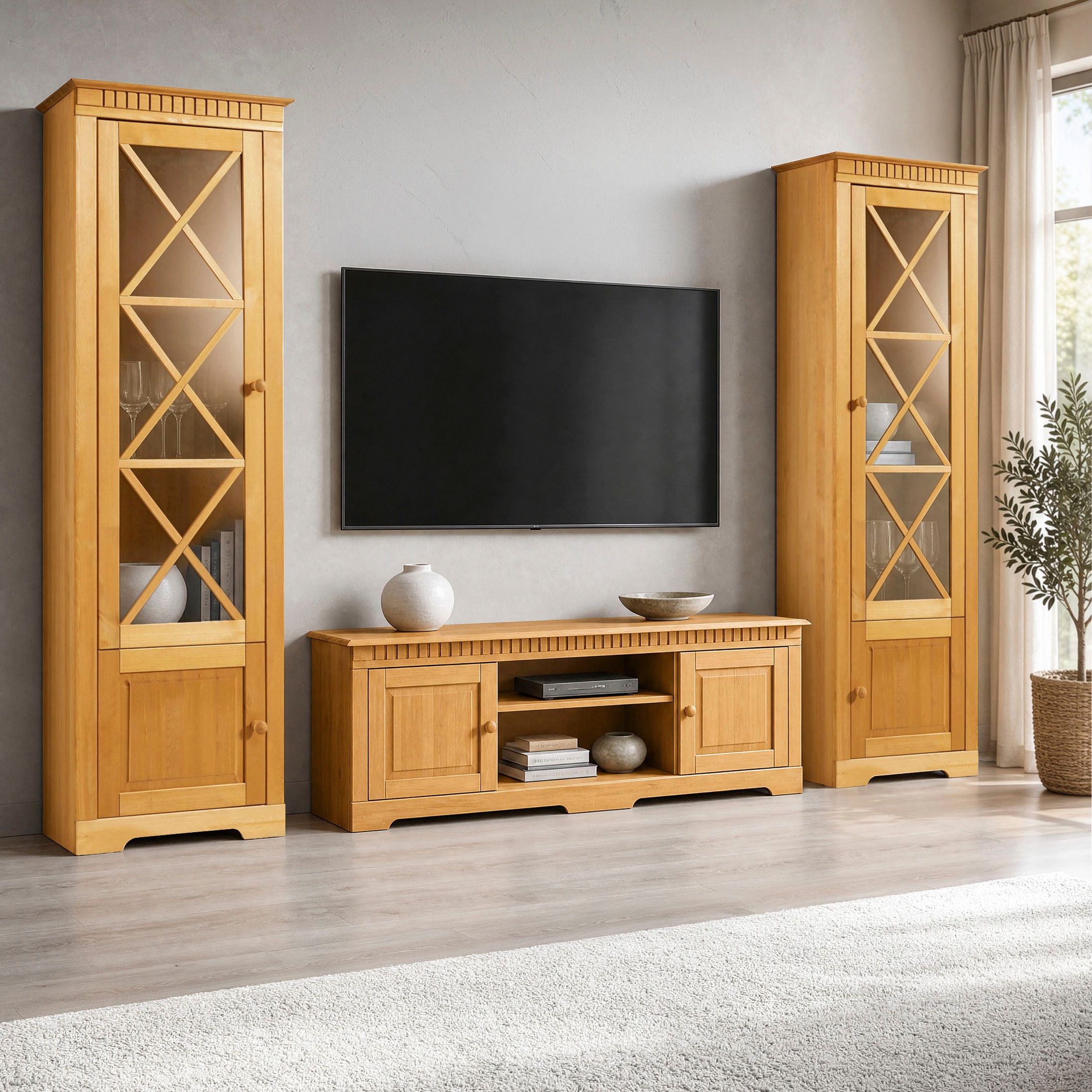 GOODproduct Wohnwand »Lisa 2 Vitrinen mit Glaseinsatz & 1 TV-Board mit dekorativen Fräsungen« Set, 3 Stk. tlg.