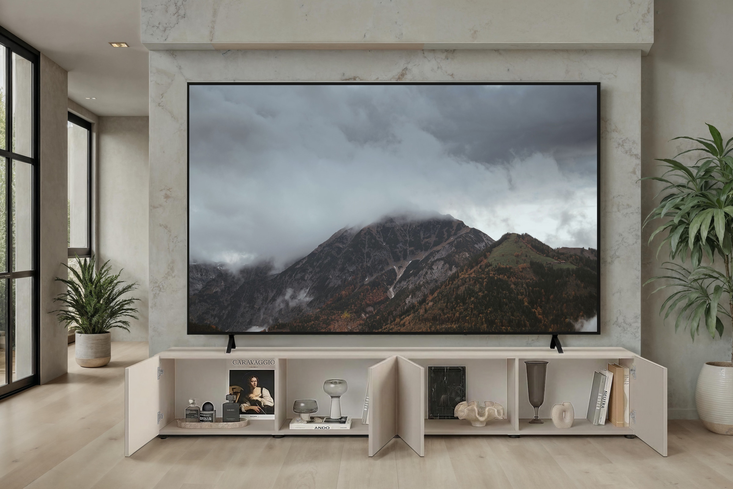 Home affaire Table basse »Rio, 245 cm breit, 47 cm tief, 4 Türen mit geriffelten MDF Fronten« Modernes Lowboard für bis zu 98-Zoll-TV – perfekt für die WM