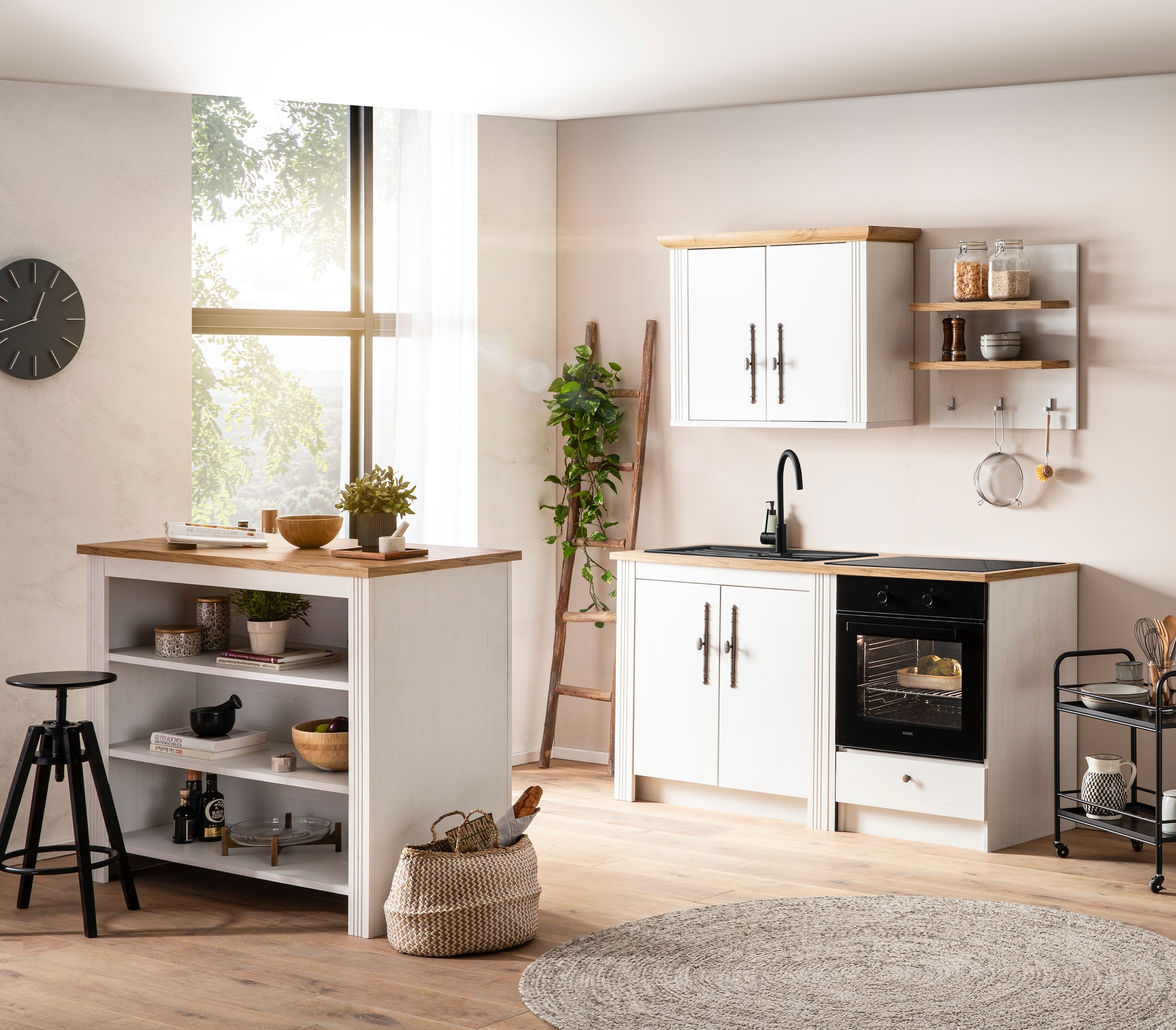 GOODproduct Küchenzeile »KS-Westminster, Pantryküche im Landhaus Stil, hochwertige Metallgriffe« Set,  Breite 164 cm, Kommode, Wandpaneel, Hängeschrank und Herdumbau