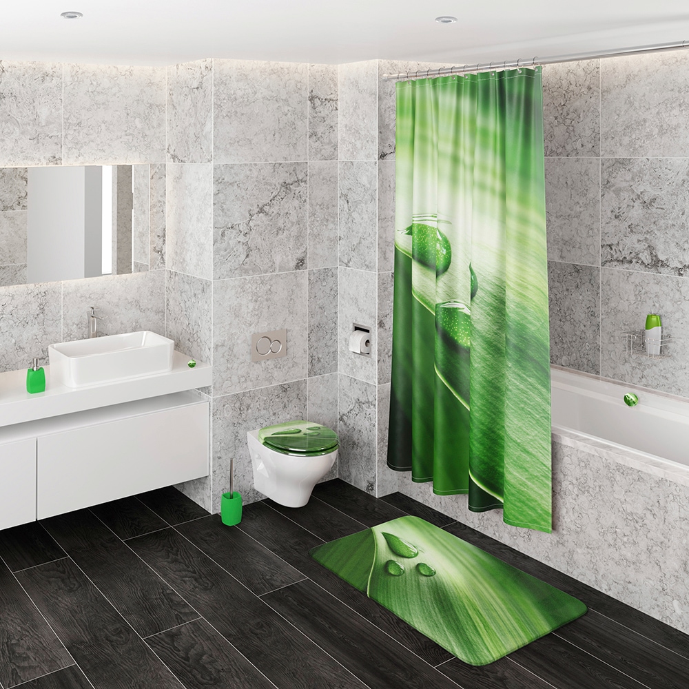 Sanilo Set d'accessoires de salle de bain »Green Leaf« bestehend aus WC-Sitz, Badteppich und Waschbeckenstöpsel