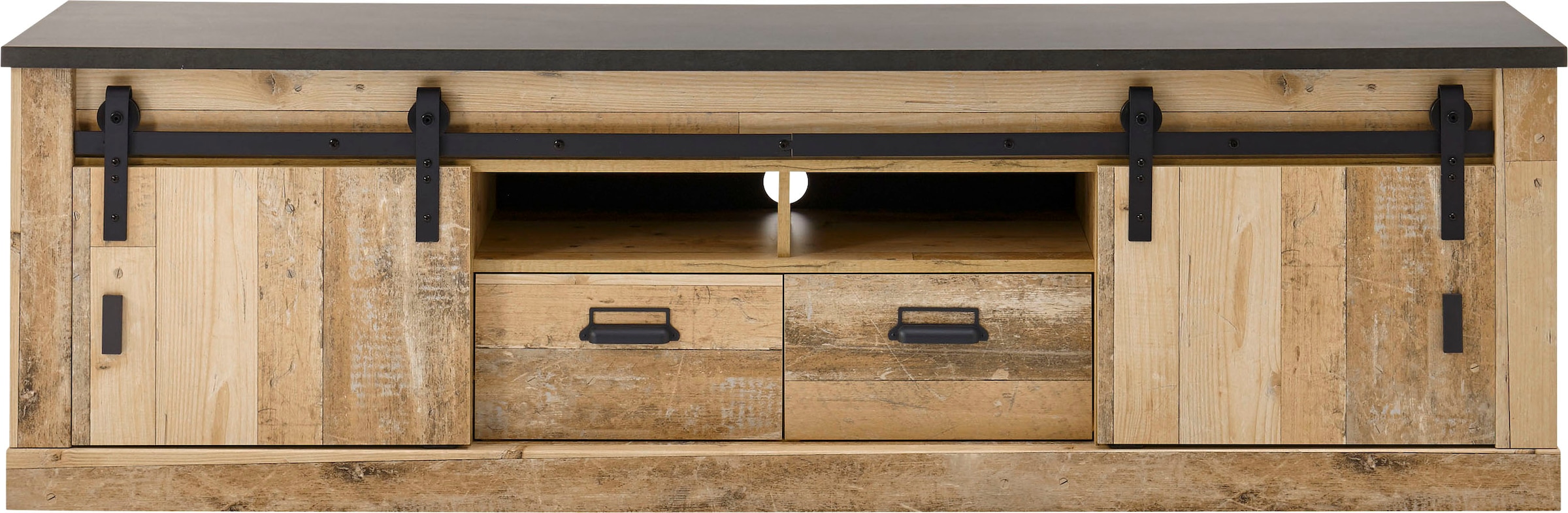 Home affaire Lowboard »SHERWOOD« modernes Holz Dekor, mit Scheunentorbeschlag aus Metall, Breite 201 cm