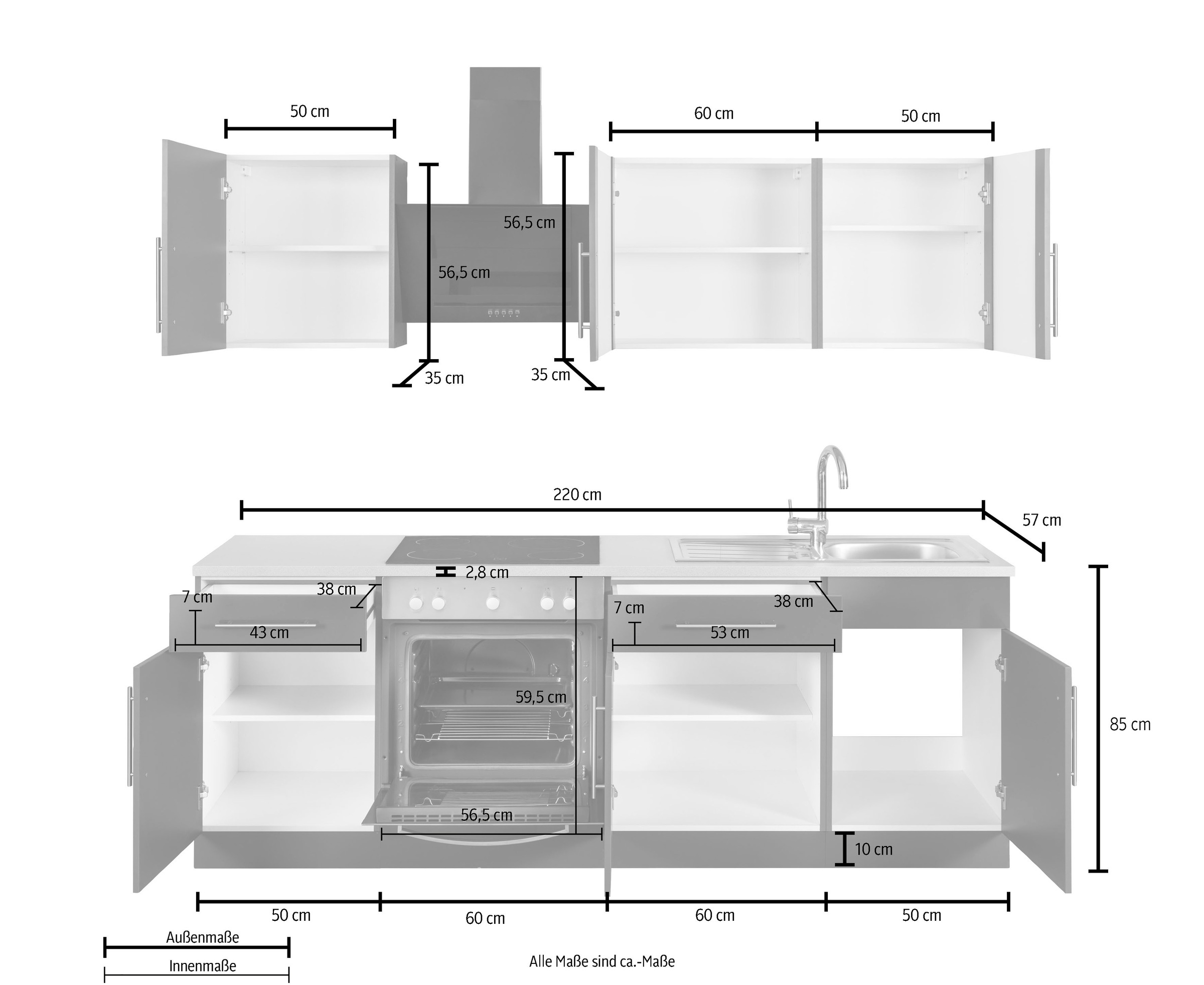 wiho Küchen Küchenzeile »Cali« ohne E-Geräte, Breite 220 cm