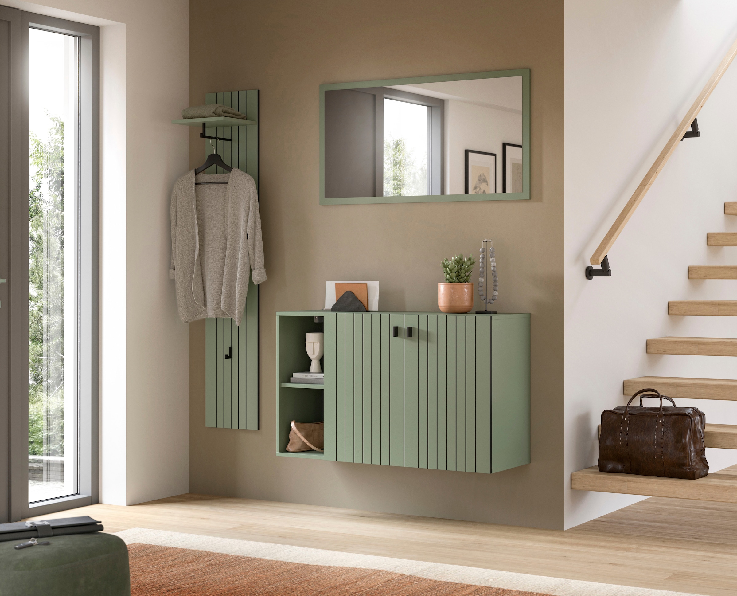 Home affaire Panneau de vestiaire »TATIO, Rillenfräsung, 4 Haken, 1 Kleiderstange, 1 Ablageboden« 1 cuis tlg. Garderobenpaneel, Garderobe, Flur, Diele