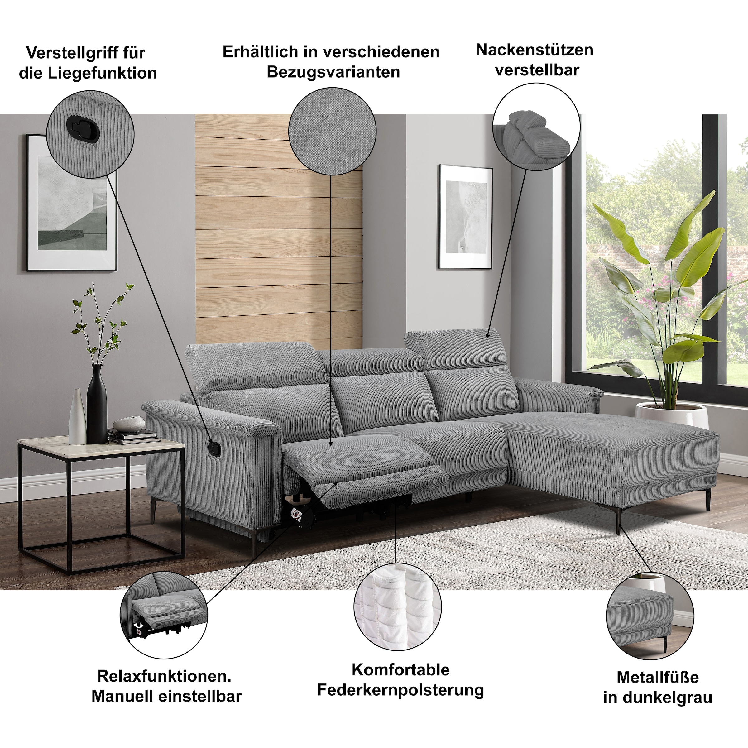 GOODproduct Canapé d'angle »LUND, L-Form, 261cm, man. o. elektr. Relaxfunktion (mit USB-A)« und Kopfteilverstellung