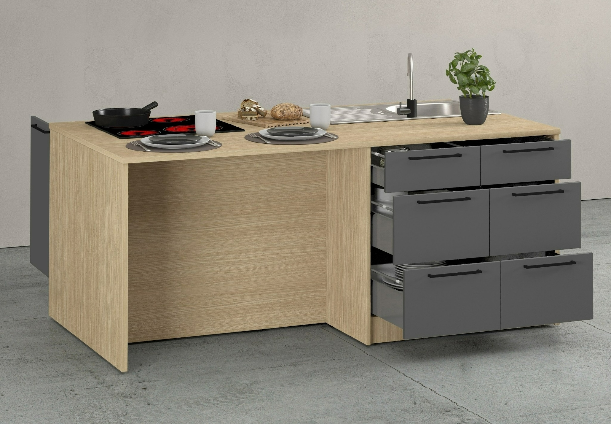 KOCHSTATION Ilot de cuisine »KS-Luna Breite 200 cm, Höhe 90 cm« Breite 200 cm, wahlweise mit Hanseatic-E-Geräten