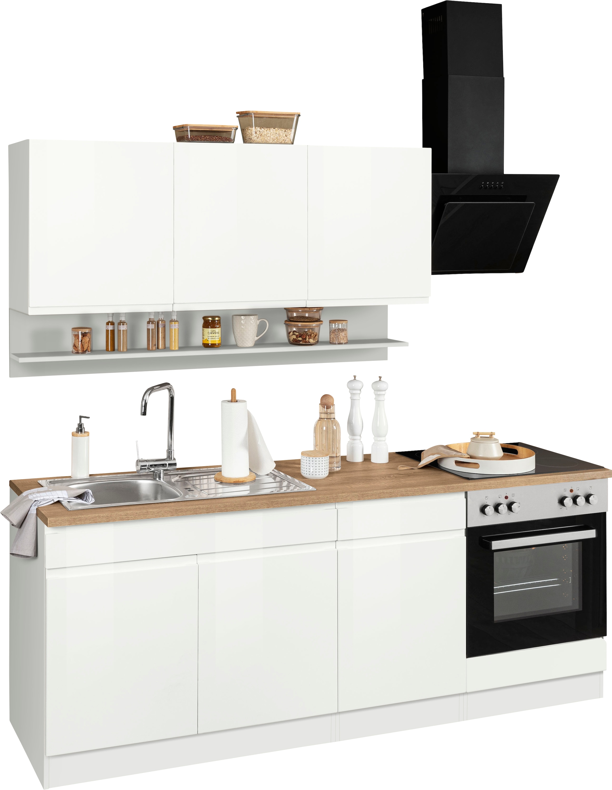 KOCHSTATION Kitchenette »KS-Virginia,neu in verbesserter Ausführung« plan de travail épaisseur 38 mm, rangement, fermeture douce,  21 : largeur 210 cm, fermeture en douceur, option avec appareils électriques