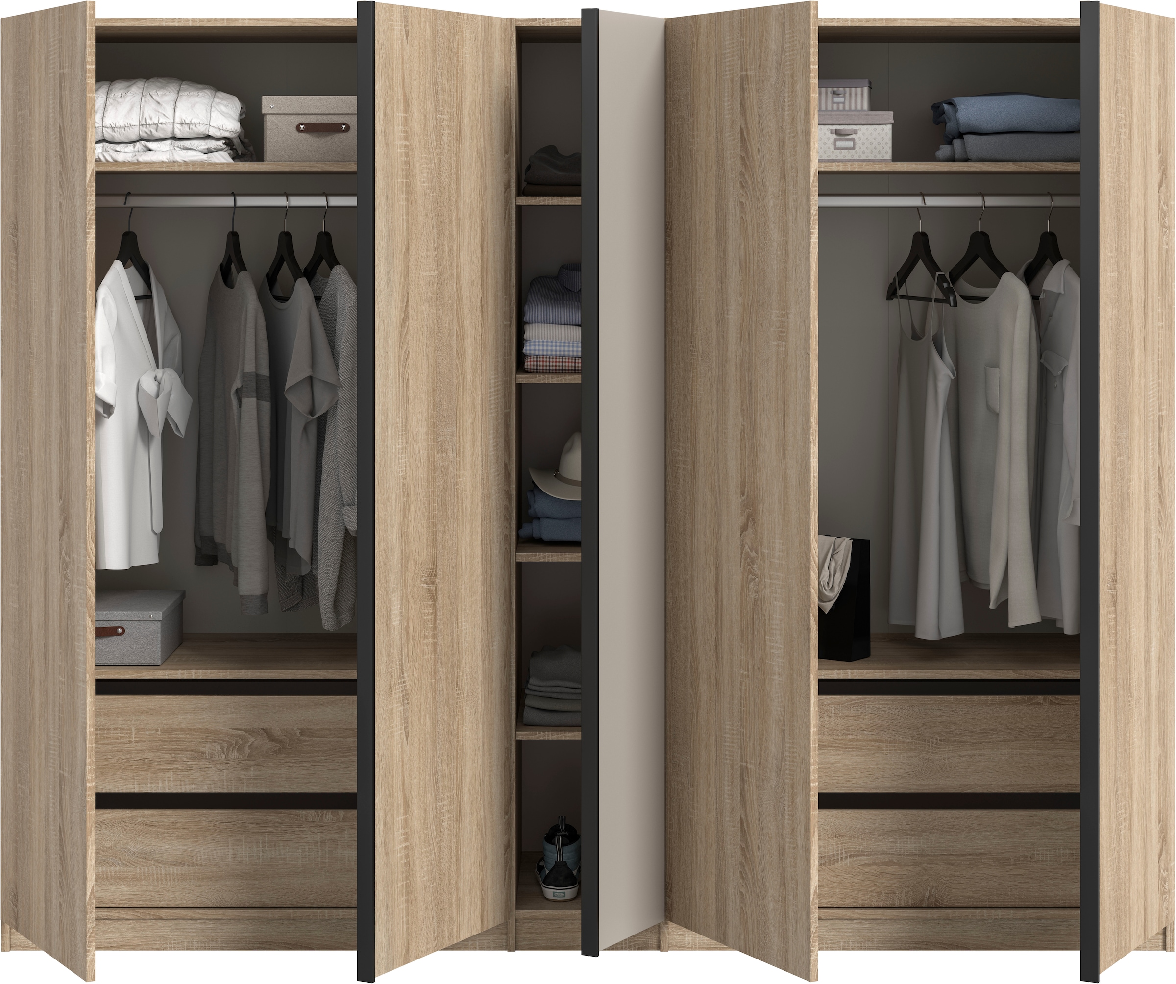 Home affaire Armoires à vêtements »BENDINGO, TOPSELLER!, Schlafzimmerschrank, Schrank, Garderobenschrank« OTTO BESTSELLER, Garderobe & Schlafzimmer,  230cm breit, Eiche NB, 5türig, 2 Kleiderstangen, 6 Böden, 4 Schubladen