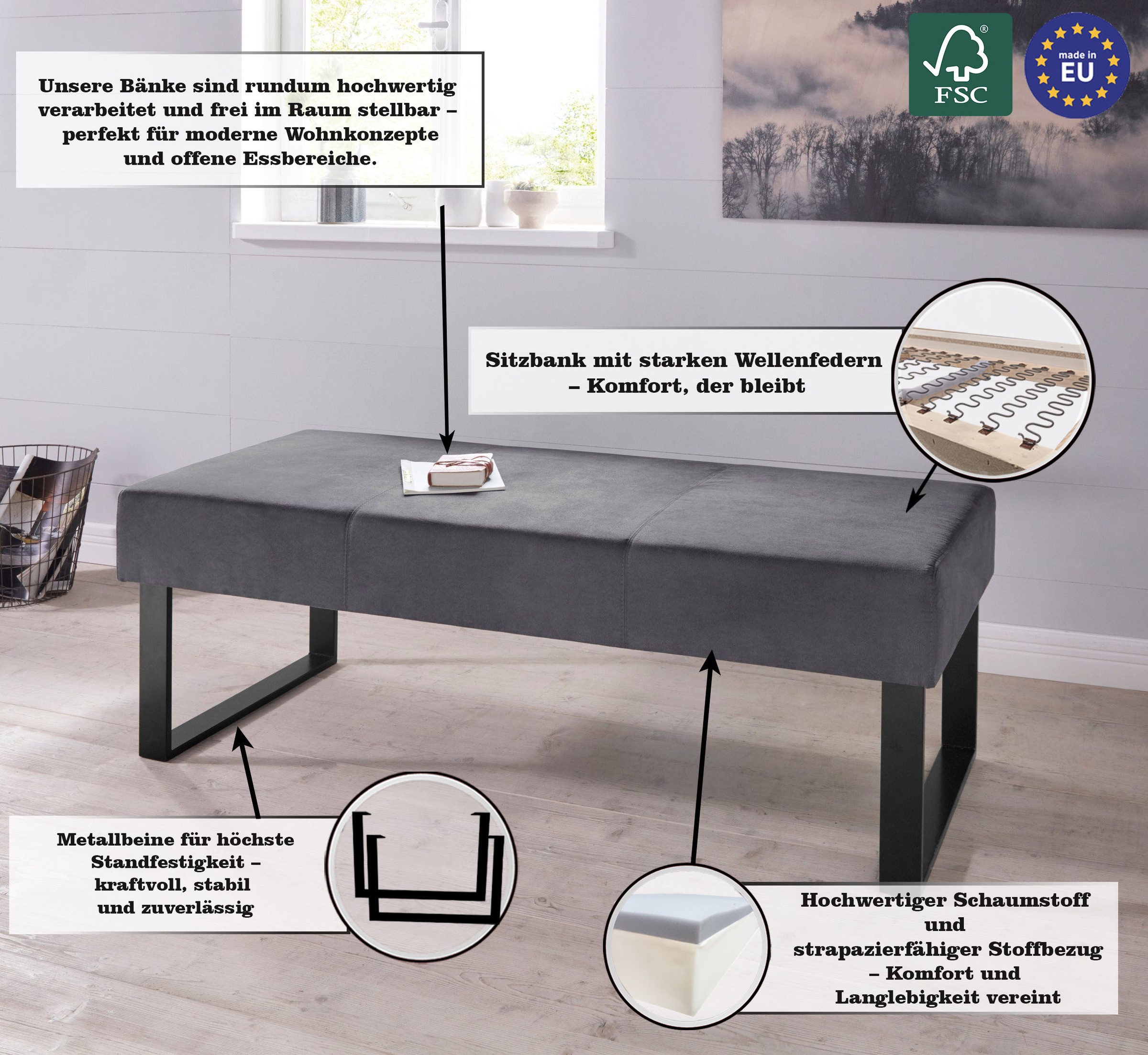 GOODproduct Banc »Oliver« Largeur 140 cm, avec armature métallique