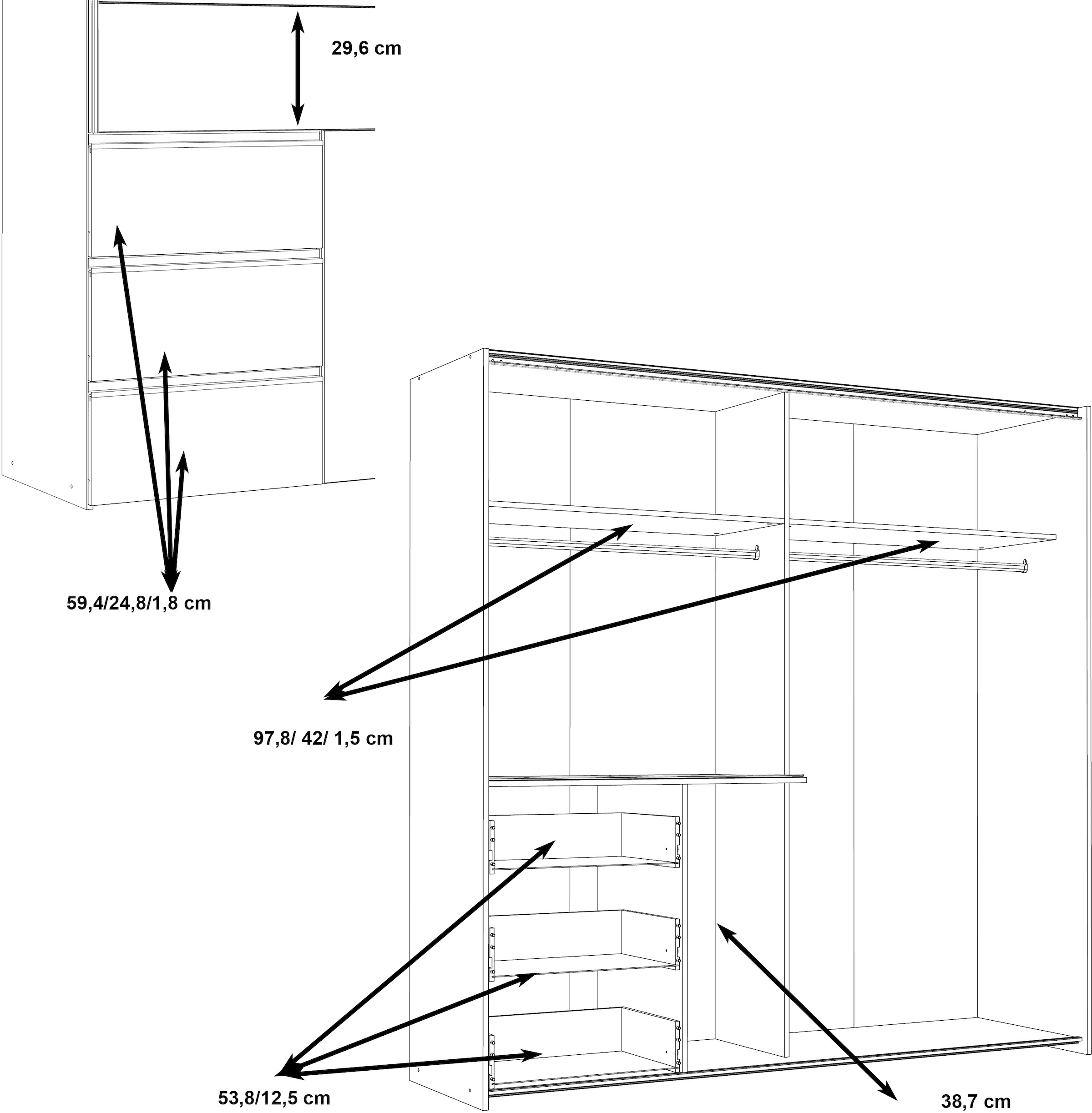 FORTE Schwebetürenschrank »Winn, Schiebetürenschrank mit 3 Schubladen, Made in Europe« In 2 Grössen erhältlich - B/H/T ca. 170x200,5x61cm und 200x200,5x61cm,  verschiedene Grössen und Farben, sehr viel Stauraum