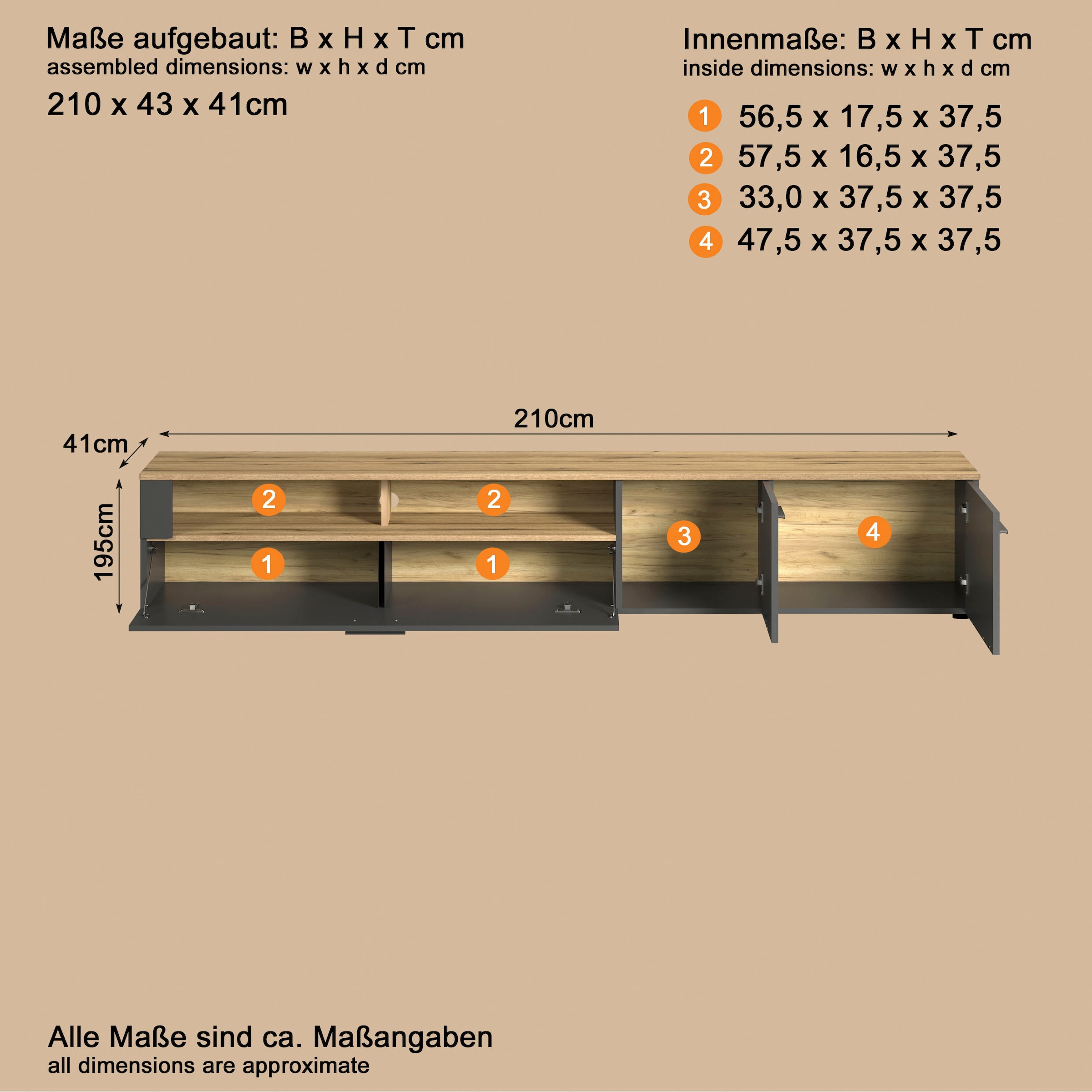 Home affaire Table basse »Estepona TV-Kommode« 1 cuis tlg. TV-Board, Breite 210 cm, Elegant und modern