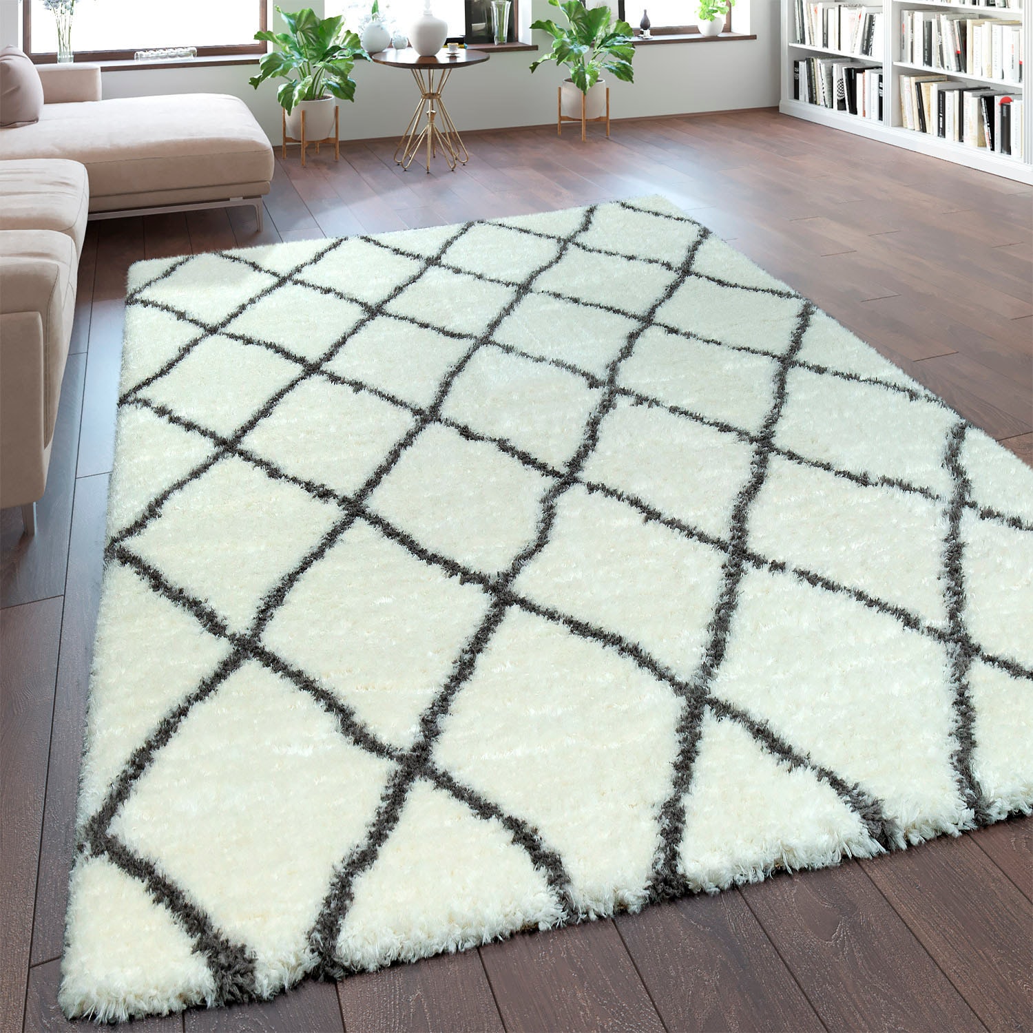 Paco Home Tapis à poils longs »Maghreb 075« Rectangulaire 54 mm Höhe Rauten Muster, Scandi Design, weich und flauschig