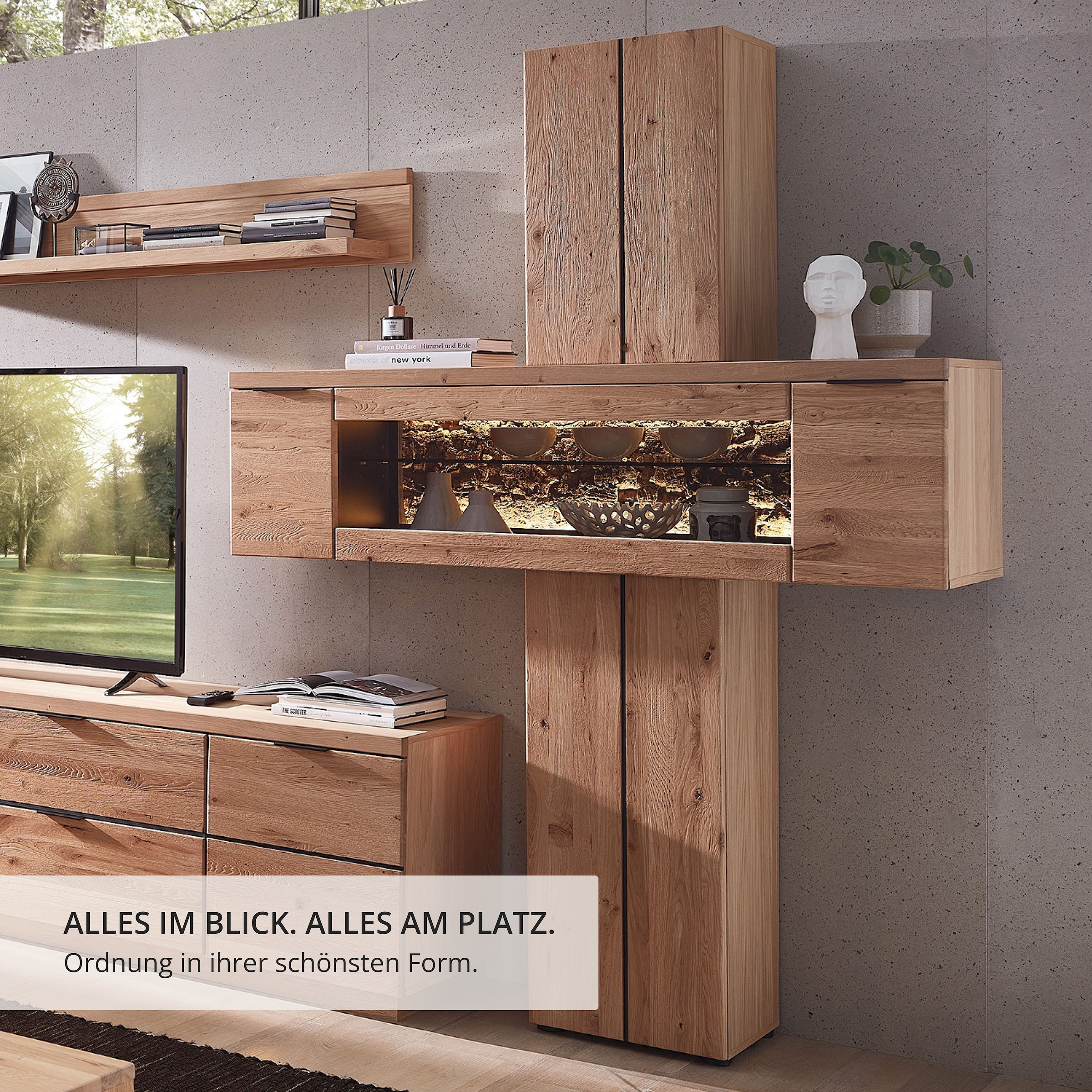Wohnconcept Vitrine de rangement »Donna Stauraum-Säule, 140x203x42 (BxHxT)« 1 cuis tlg. Beleuchtung bestellbar, 2 türig, Echtkork Absetzung, L/R verwendbar
