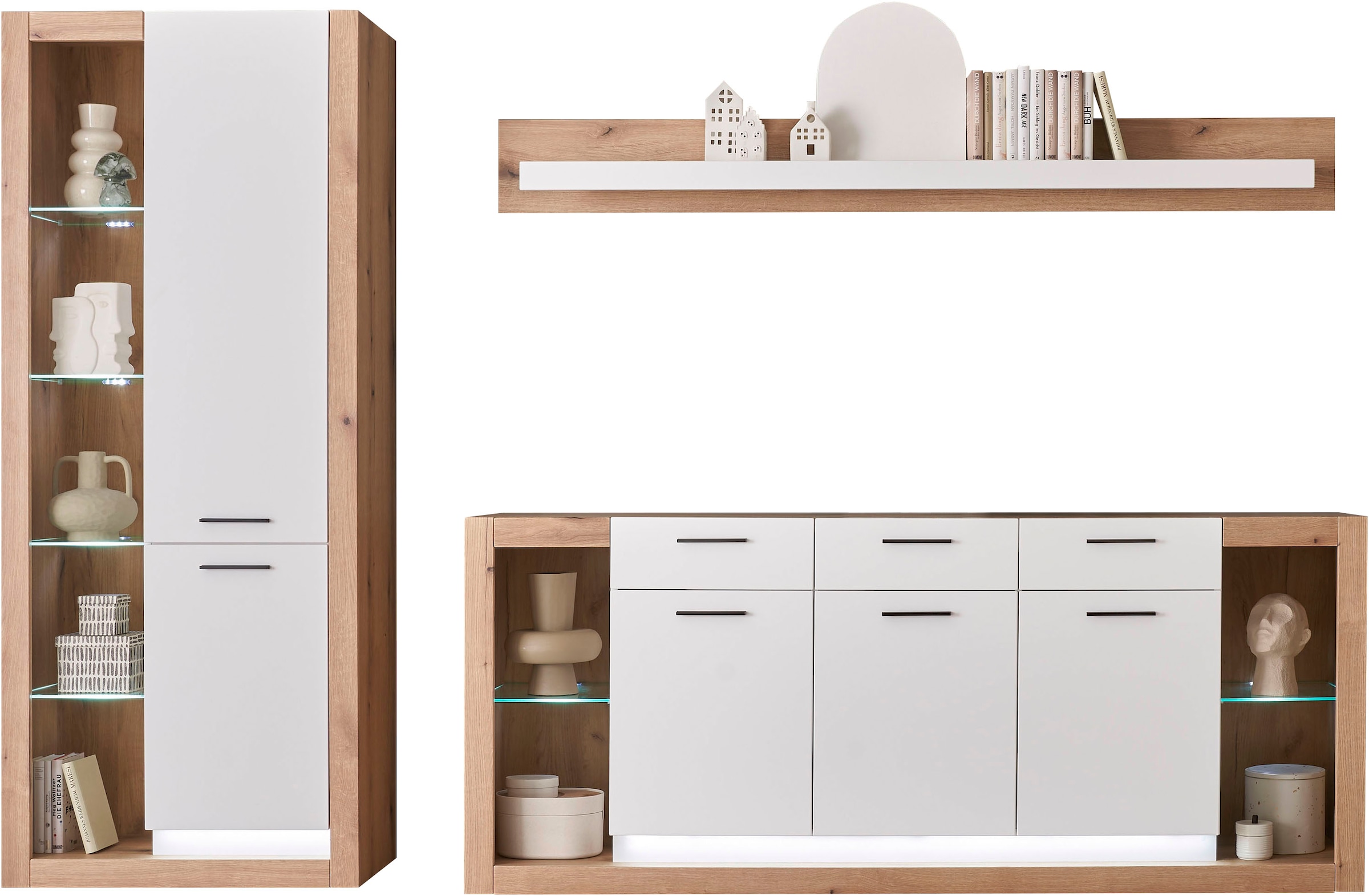 Home affaire Meuble mural »Brixen, moderne Anbauwand, Wohnzimmer-Set, Eiche Evoke Dekor mit Weiss« Set, 3 cuis tlg.