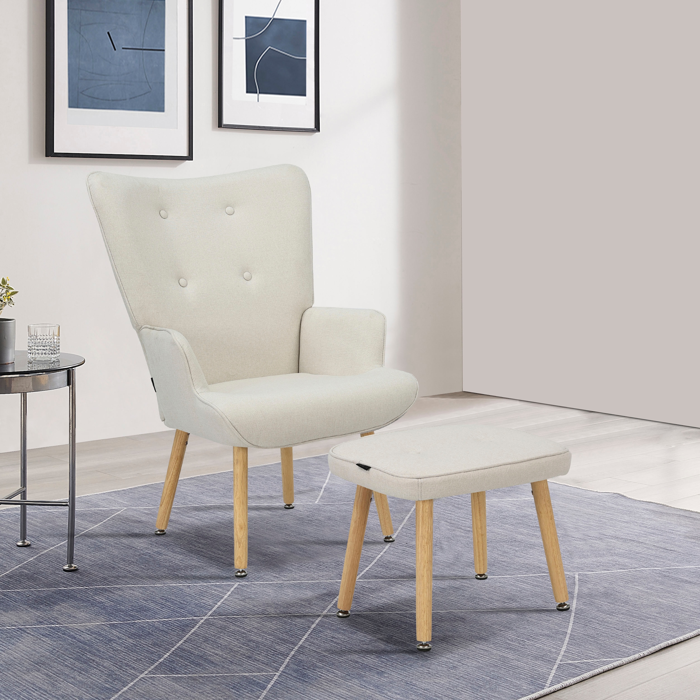 INOSIGN Ohrensessel »PERHAM, Sessel mit Hocker im Set, Knopfheftung, Massivholz-Füsse,« komfortabler Relaxsessel und Sitz-Hocker mit Strukturbezug