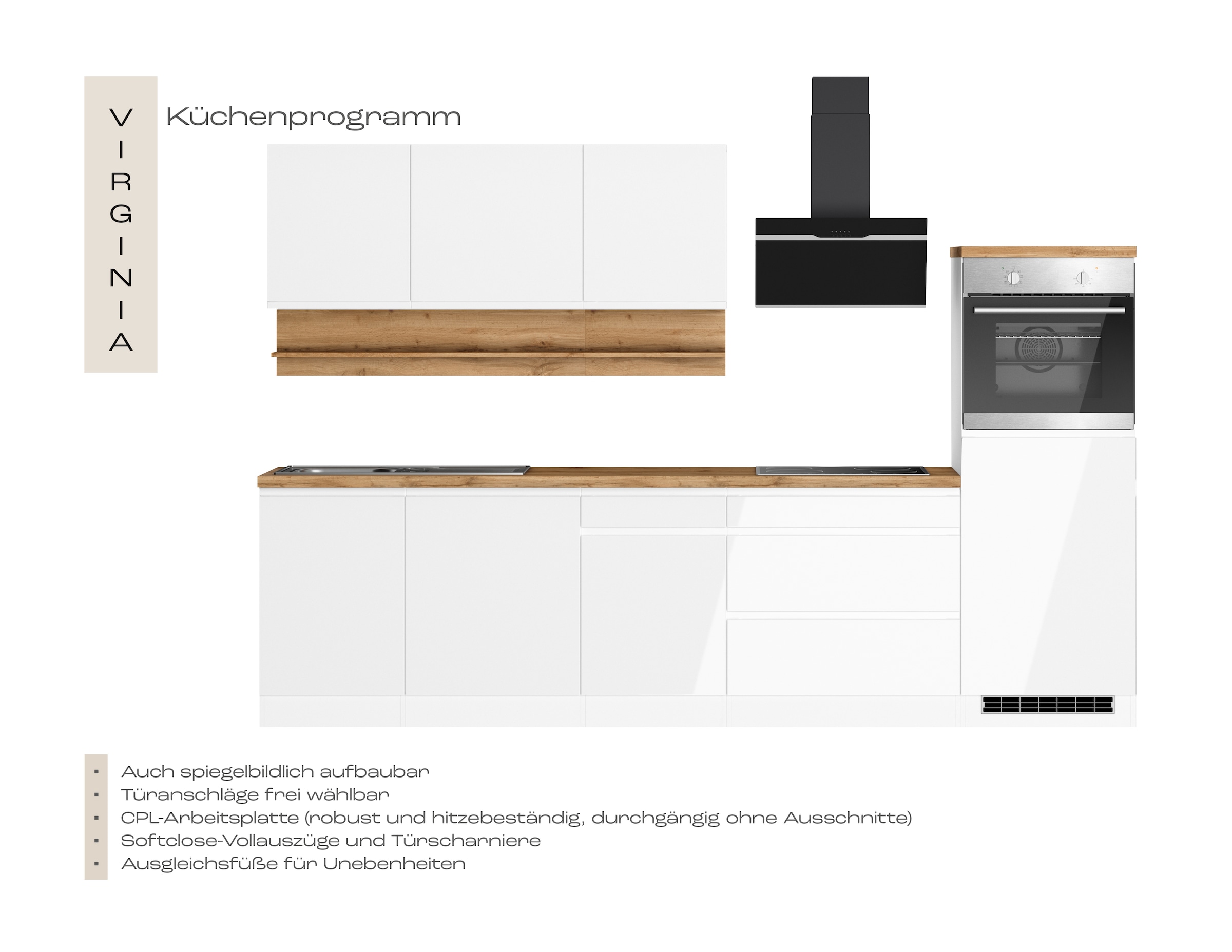 KOCHSTATION Küchenzeile »KS-Virginia,neu in verbesserter Ausführung« Arbeitsplatte 38 mm stark, Stauraum, Softclose,  Breite 300 cm, Soft-Close, ohne E-Geräte