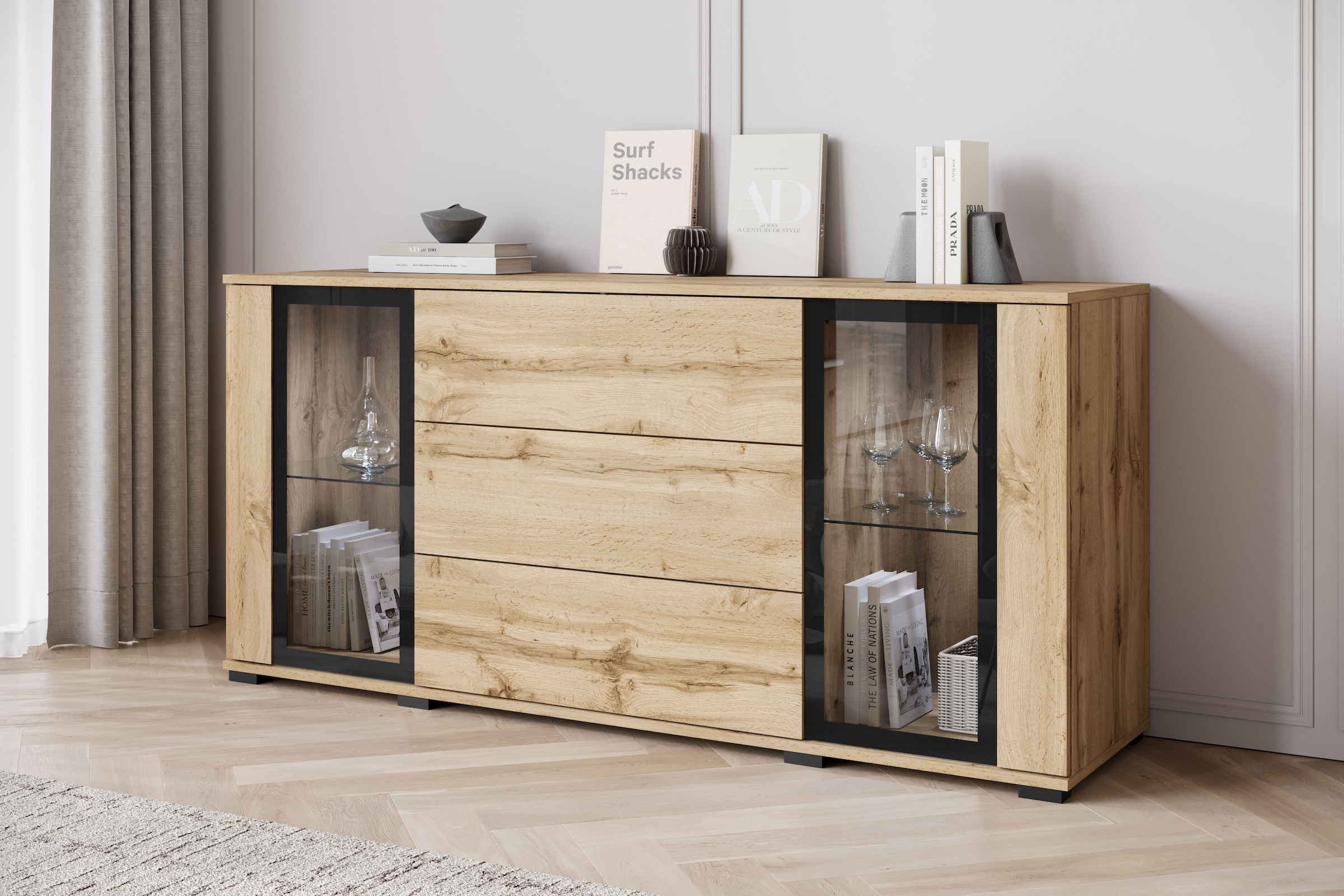 Home affaire Buffet »modernes Design mit Glaseinsätzen und 3 Schubladen, Breite 150 cm« 1 cuis tlg. façades sans poignées avec push-to-open, étagères réglables en hauteur,