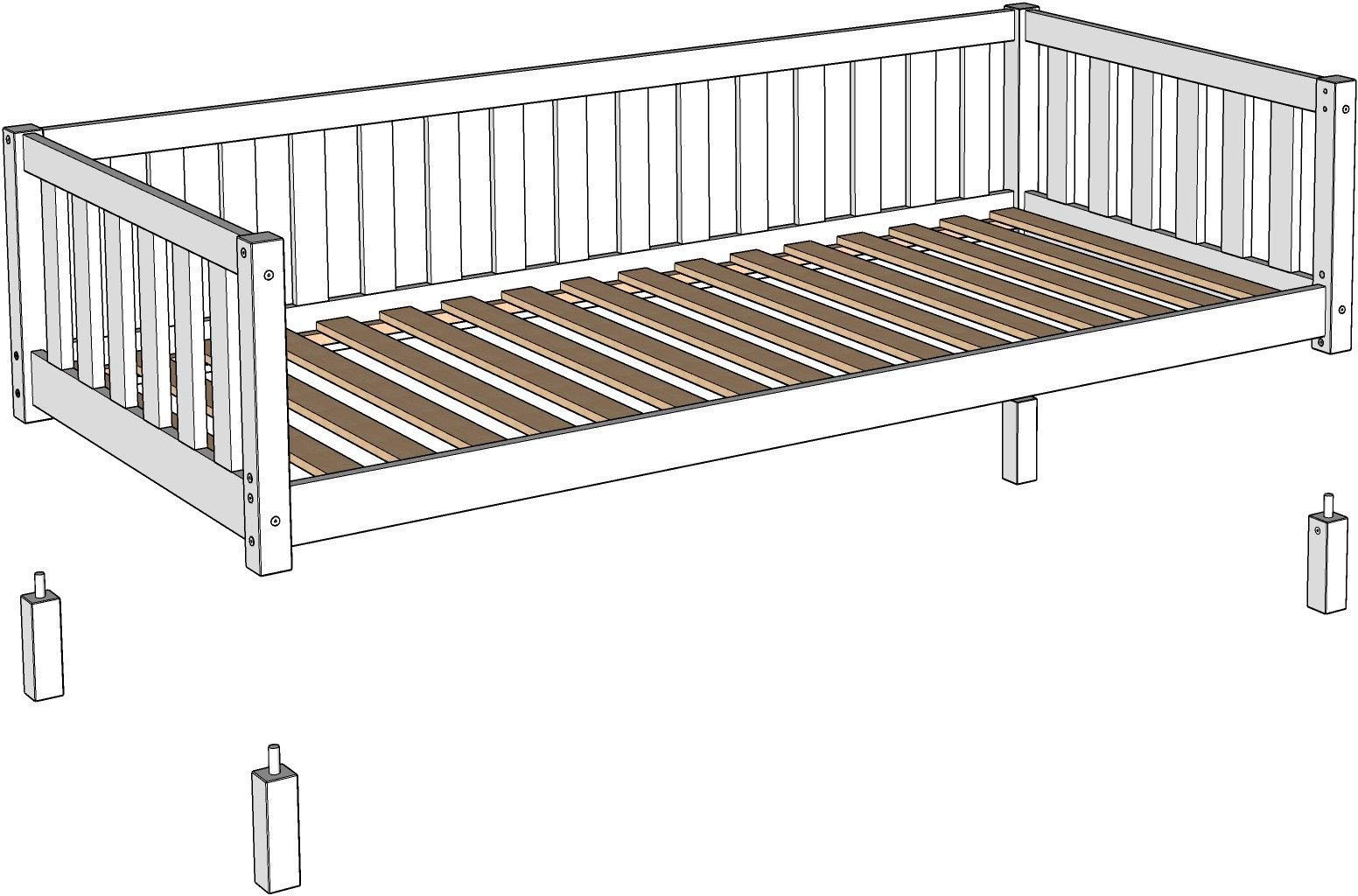 Vipack Lit d'enfant »Dallas, massiv Bett, Rausfallschutz, umbaubar vom Boden- zum Daybett« Incl. sommier à lattes roulantes et cadre à barreaux, largeur 90 ou 140x200 cm,  construction stable et solide, en pin massif naturel ou blanc au choix