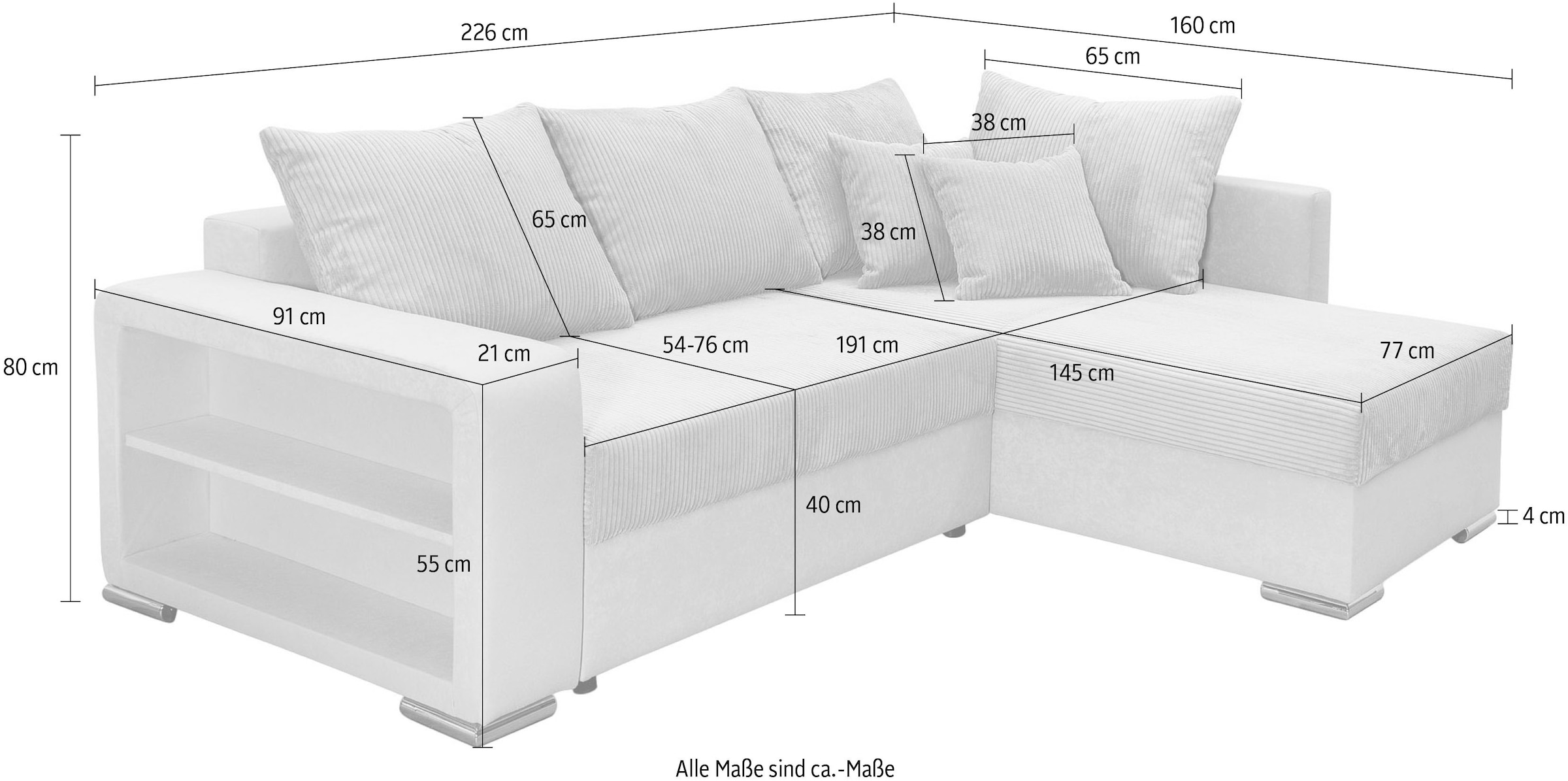 COLLECTION AB Canapé d'angle »John L-Form, B: 226 cm, Schlaffunktion & Bettkasten« élément d’étagère avec lumière, canapé avec ressorts, 2 coussins décoratifs