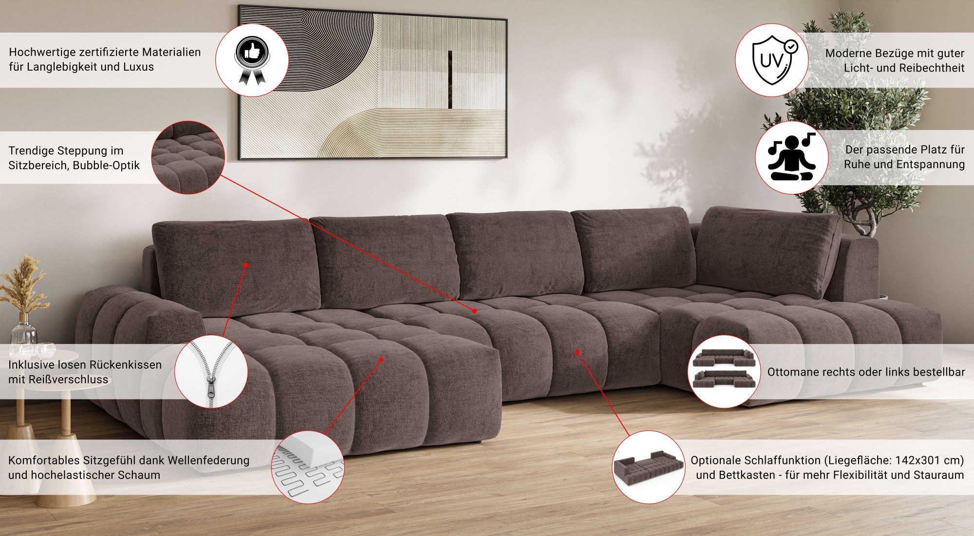 GOODproduct Paysage de salon »AZITA U-Form, Breite 363 cm - OTTO. Verlässliche Qualität.« optionnellement comme canapé-lit avec coffre, aspect bulle