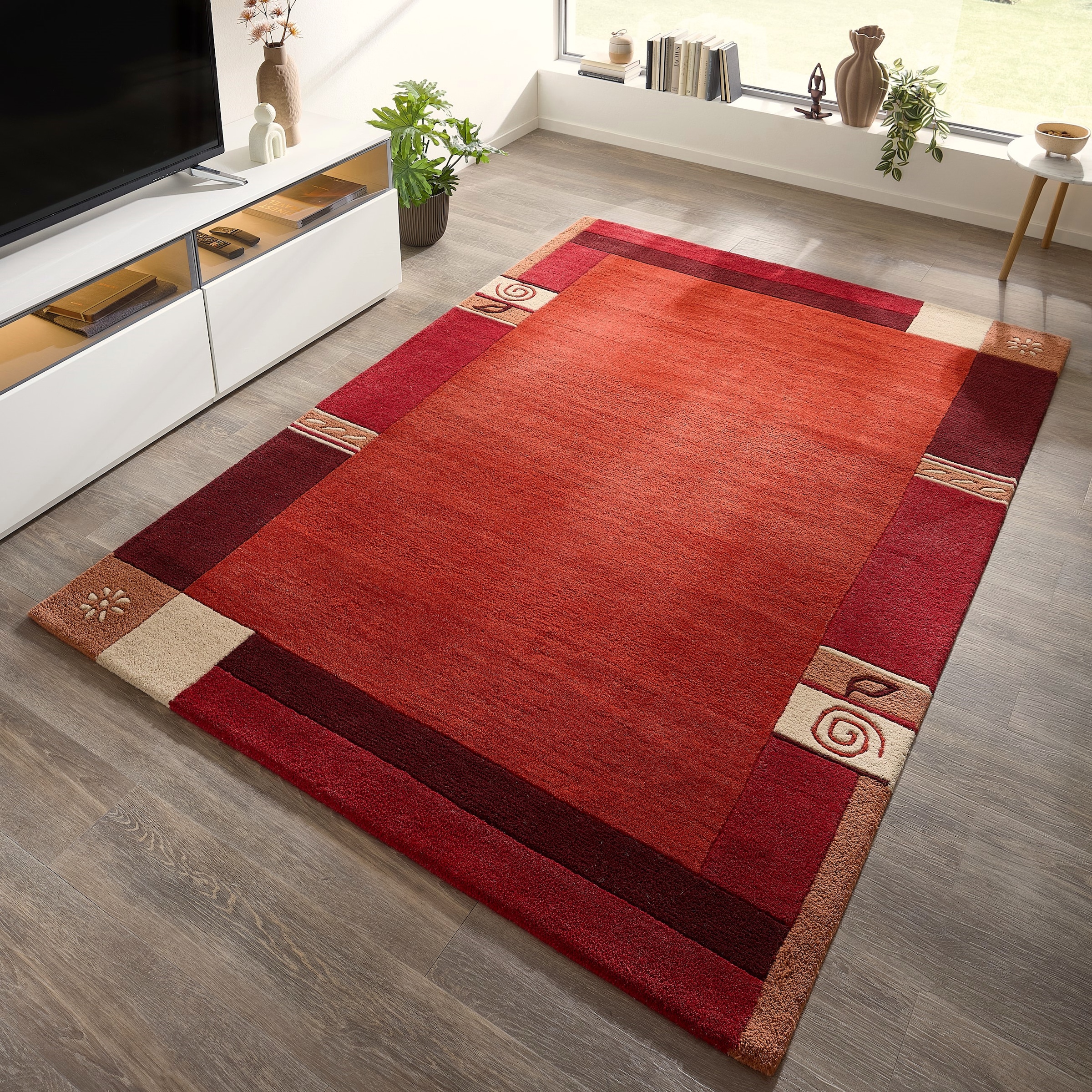 THEKO Tapis en laine »Tromso, Wolle, Handgefertigt, Bordüre mit Hoch-Tief-Effekt« Rectangulaire 15 mm Höhe salon, chambre, salle à manger