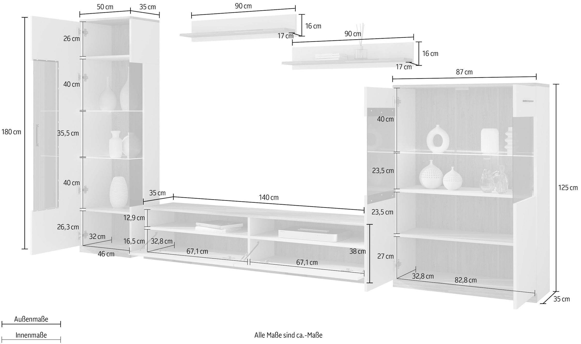 GOODproduct Wohnwand »Ribe: 5teilig, Breite: 280cm,Fronten aus Massivholz,Korpus aus Melamin« 5 Stk. tlg.