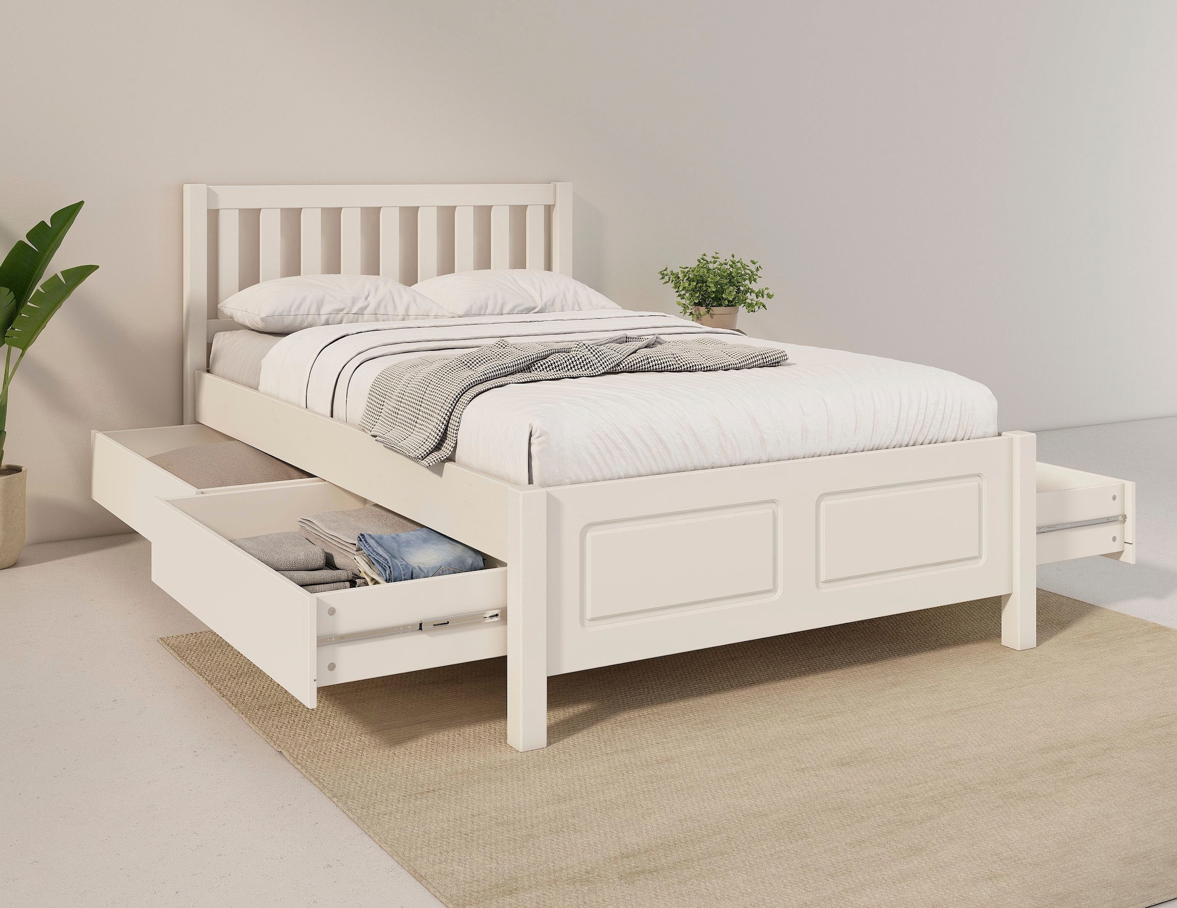 GOODproduct Lit de rangement »Synnra, maximaler Stauraum, 4 Schubladen, Made in EU, Landhausstil« certifié FSC®, façade à caissons, solution de rangement et confort