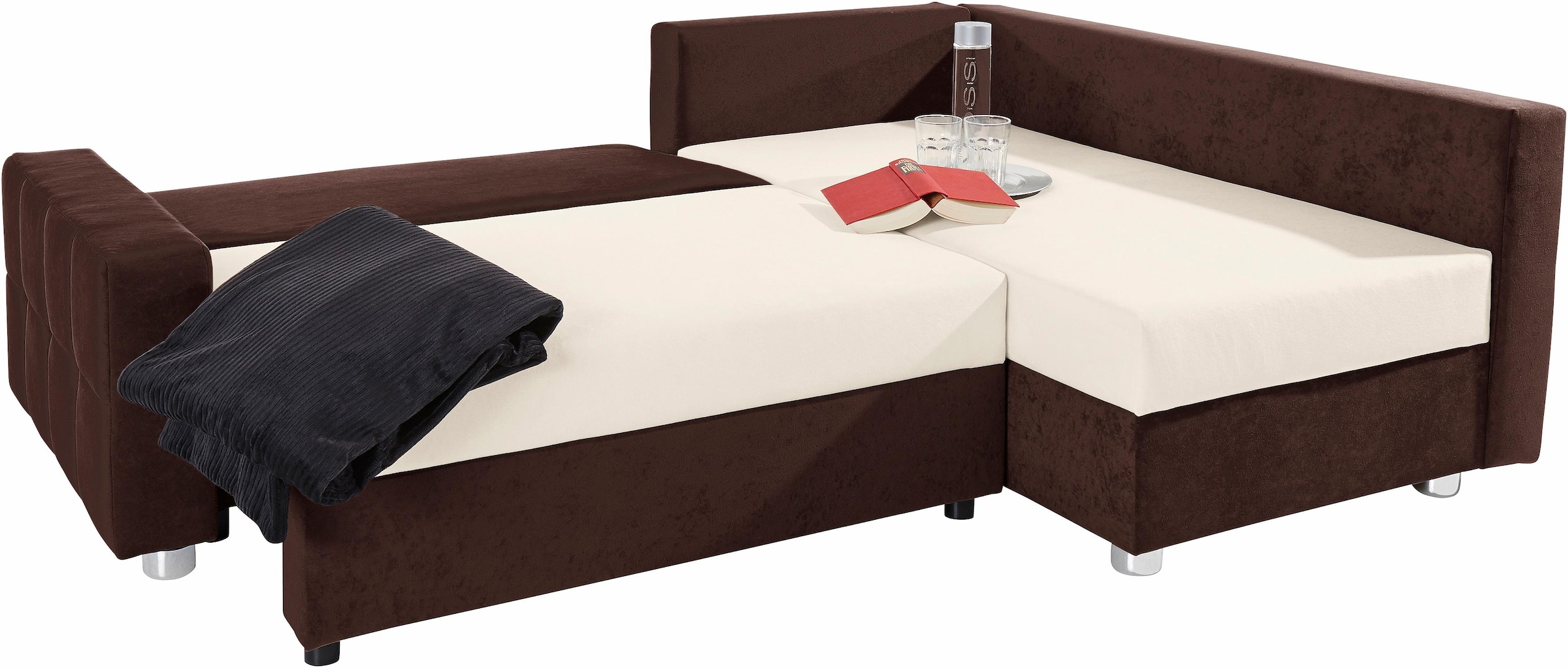 COLLECTION AB Canapé d'angle »Parma L-Form, B: 224 cm« Bettfunktion, Bettkasten & 2 Zierkissen, Federkern
