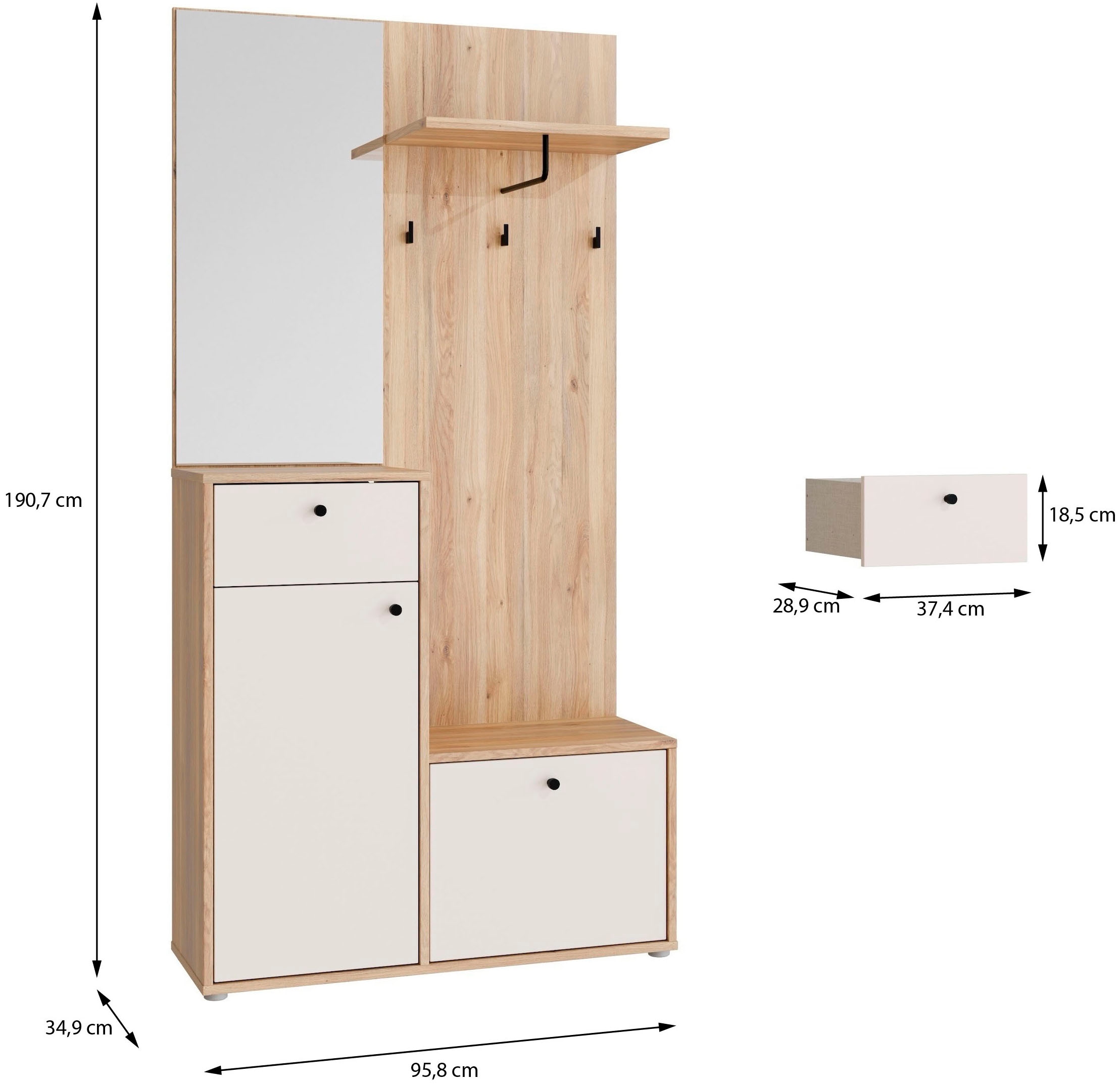 FORTE Vestiaire compact Poignées métal noires L/H/P 95,8/190,7/34,9cm Soft Close, sortie totale