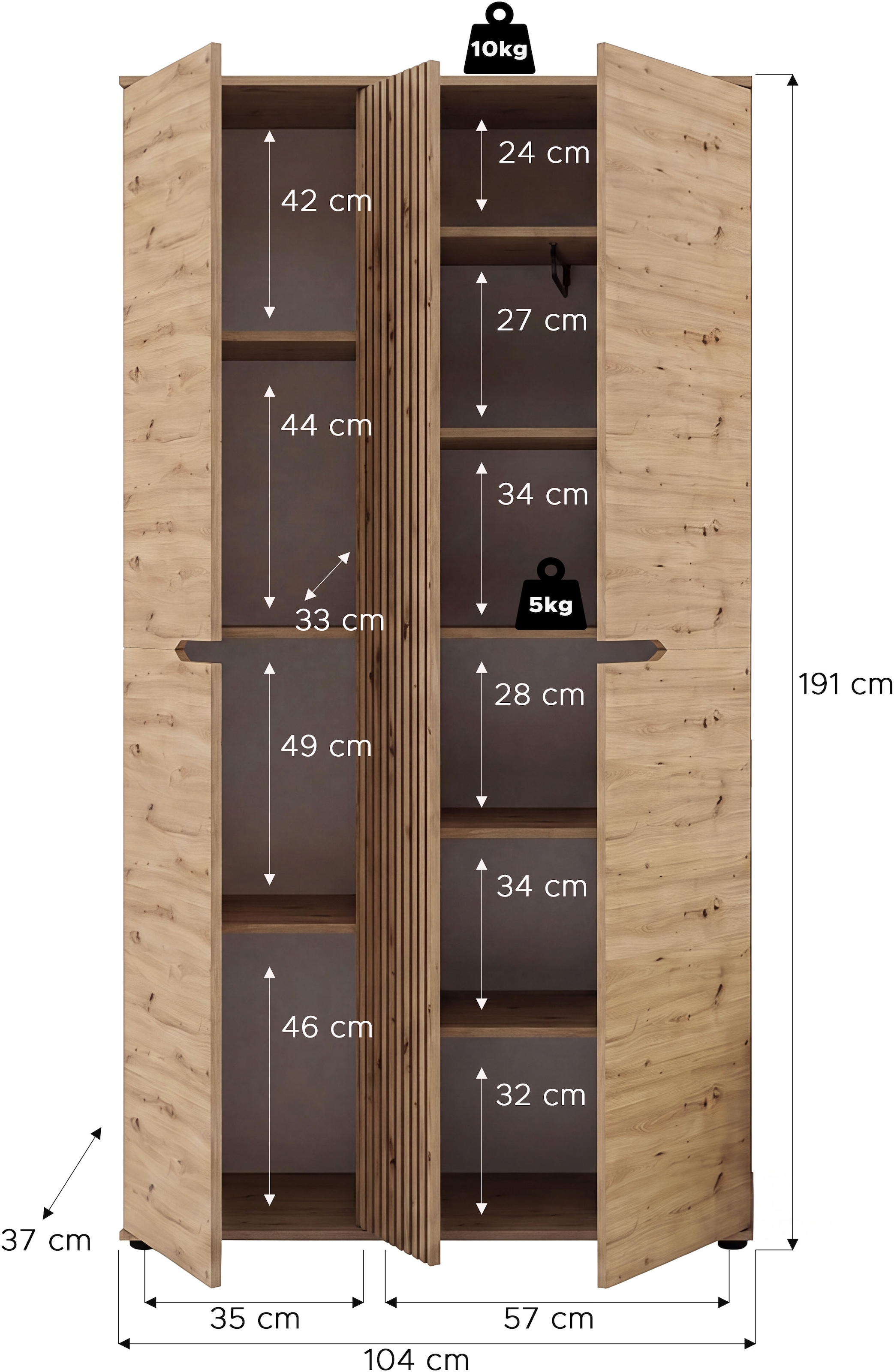 GOODproduct Garderobenschrank »FJELL, Breite 104cm, 3 Türen, 8 Böden, 10 Fächer, 1 Kleiderstange« Kleiderschrank, Schrank, Dielenschrank, Flurschrank, Mehrzweckschrank