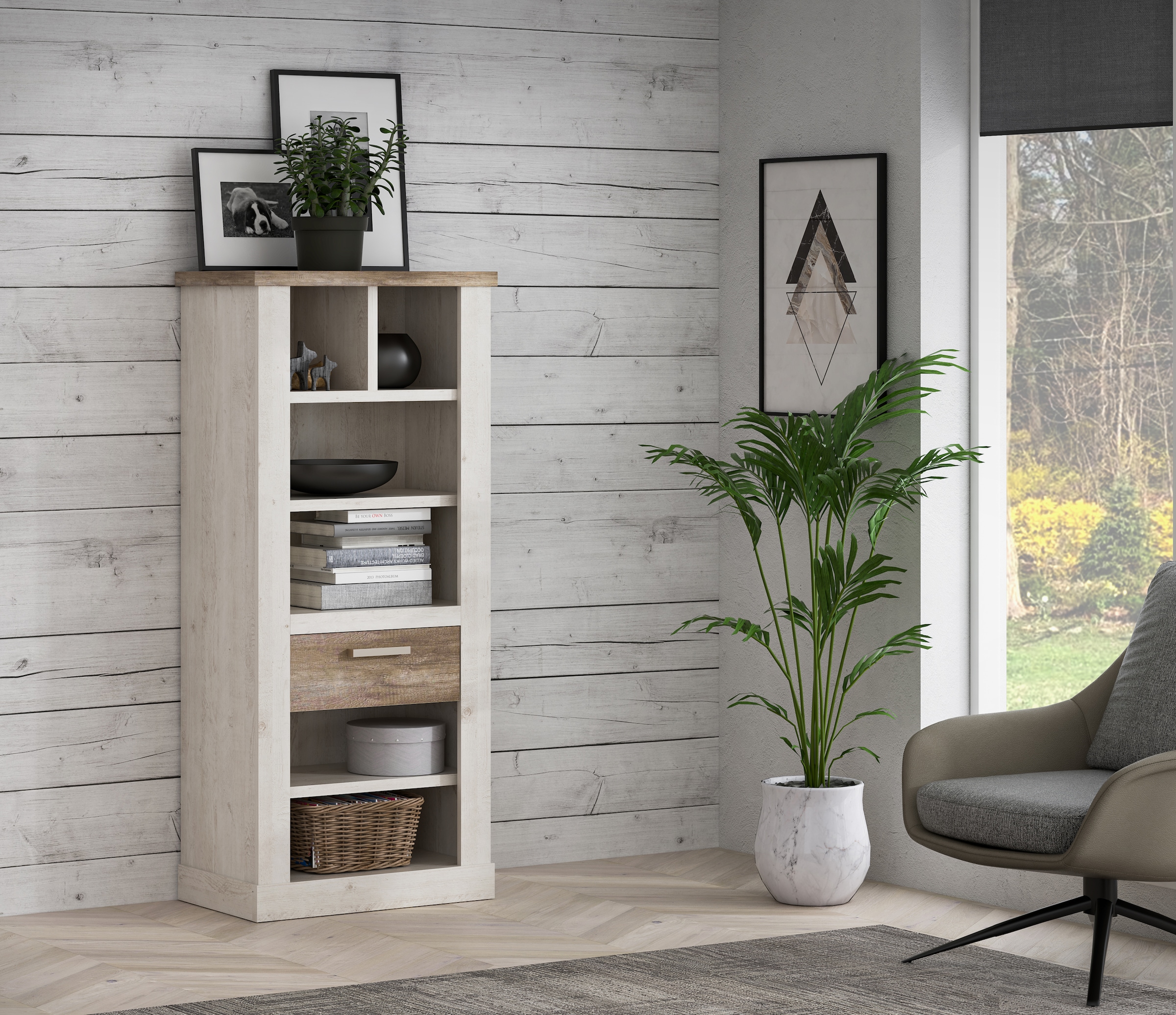 FORTE Étagère à livres Hauteur 160 cm, étagère à dossiers avec tiroir, style campagne