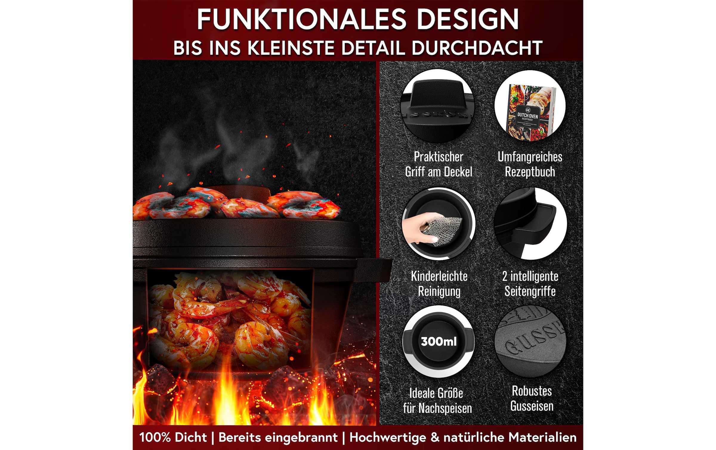   Grilltopf »Gusskoenig Mini Dutch Set 4 Töpfe, Untersetzer« Gusseisen 8 Stk. tlg. Set 4 Töpfe mit Holz-Untersetzern und Rezeptbuch