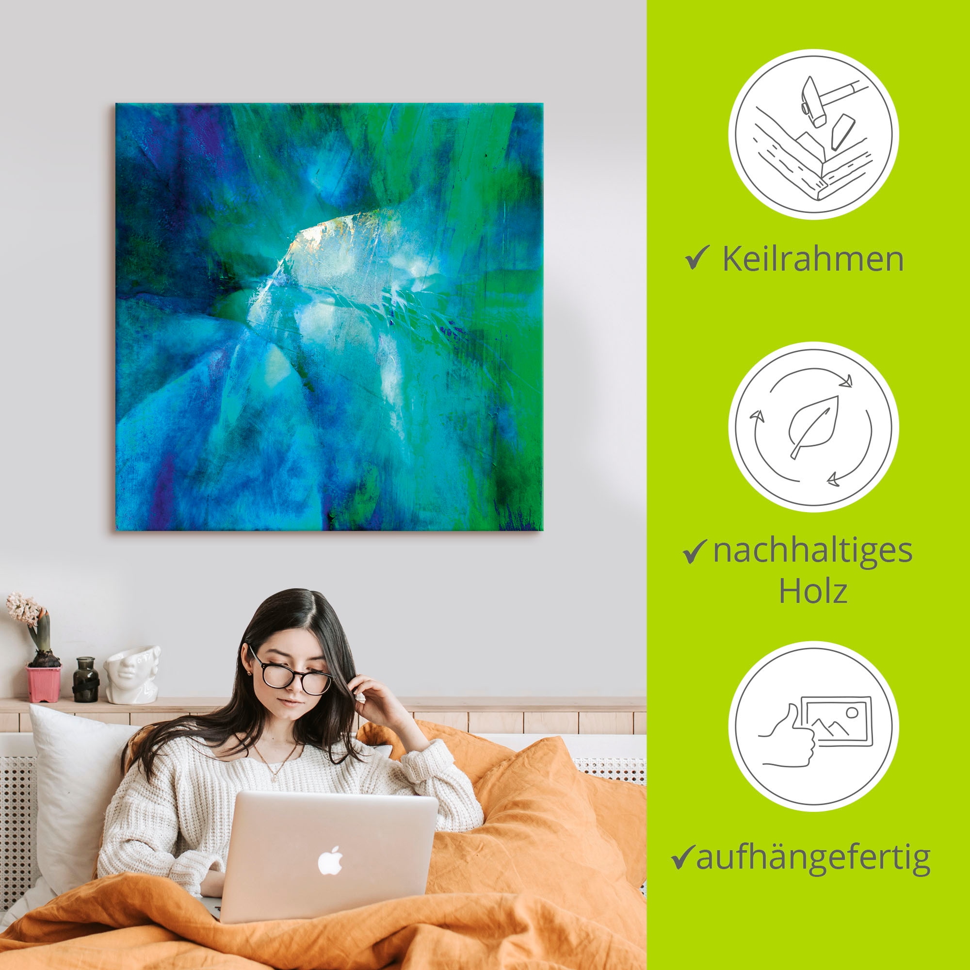 Artland Tableau sur toile »Abstrakte Komposition in türkis« 1 cuis tlg. auf Holzrahmen gespannt