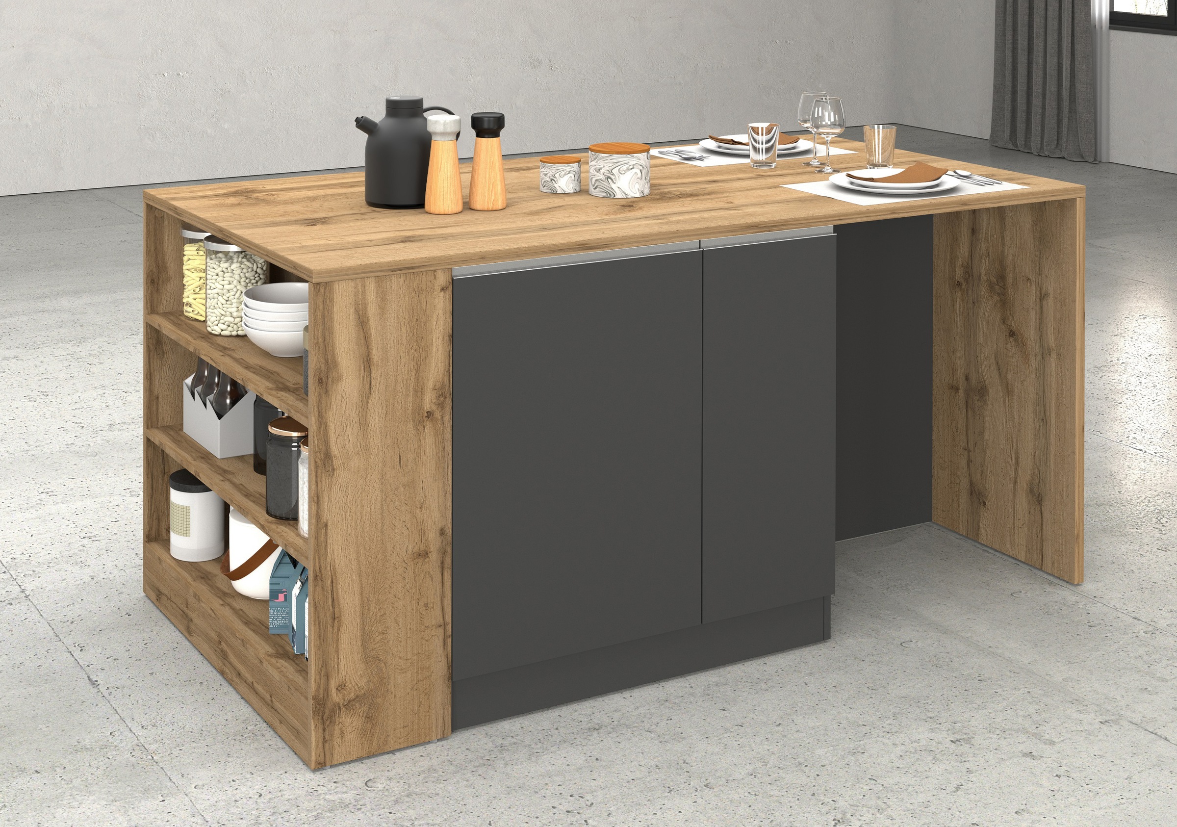 KOCHSTATION Ilot de cuisine »KS-Sole, Kochinsel, Küchenarbeitsblock, Arbeitsinsel, Made in Italy« Breite 167,5 cm, 2 Apothekerauszüge, 2 Essplätze, 1 offenes Regal