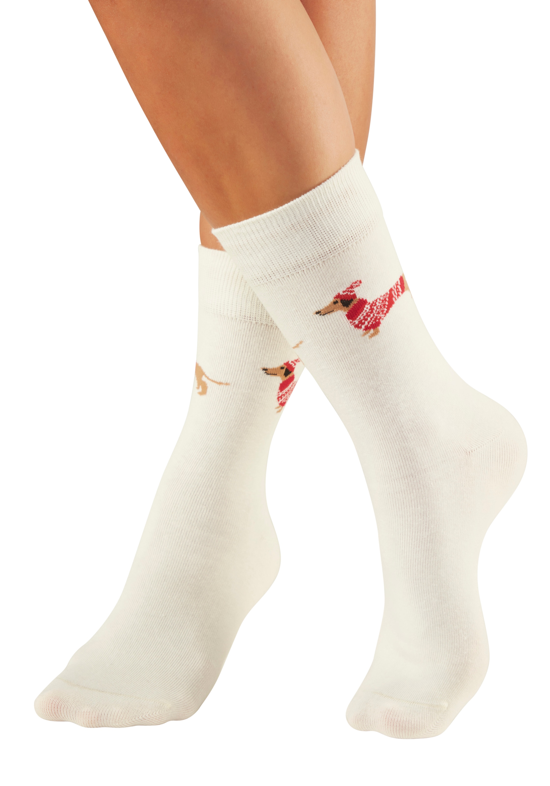 LASCANA Freizeitsocken »Damen Weihnachtssocken Dackel« Packung, 2 Paar tlg. mit festlichen Dackelmotiven