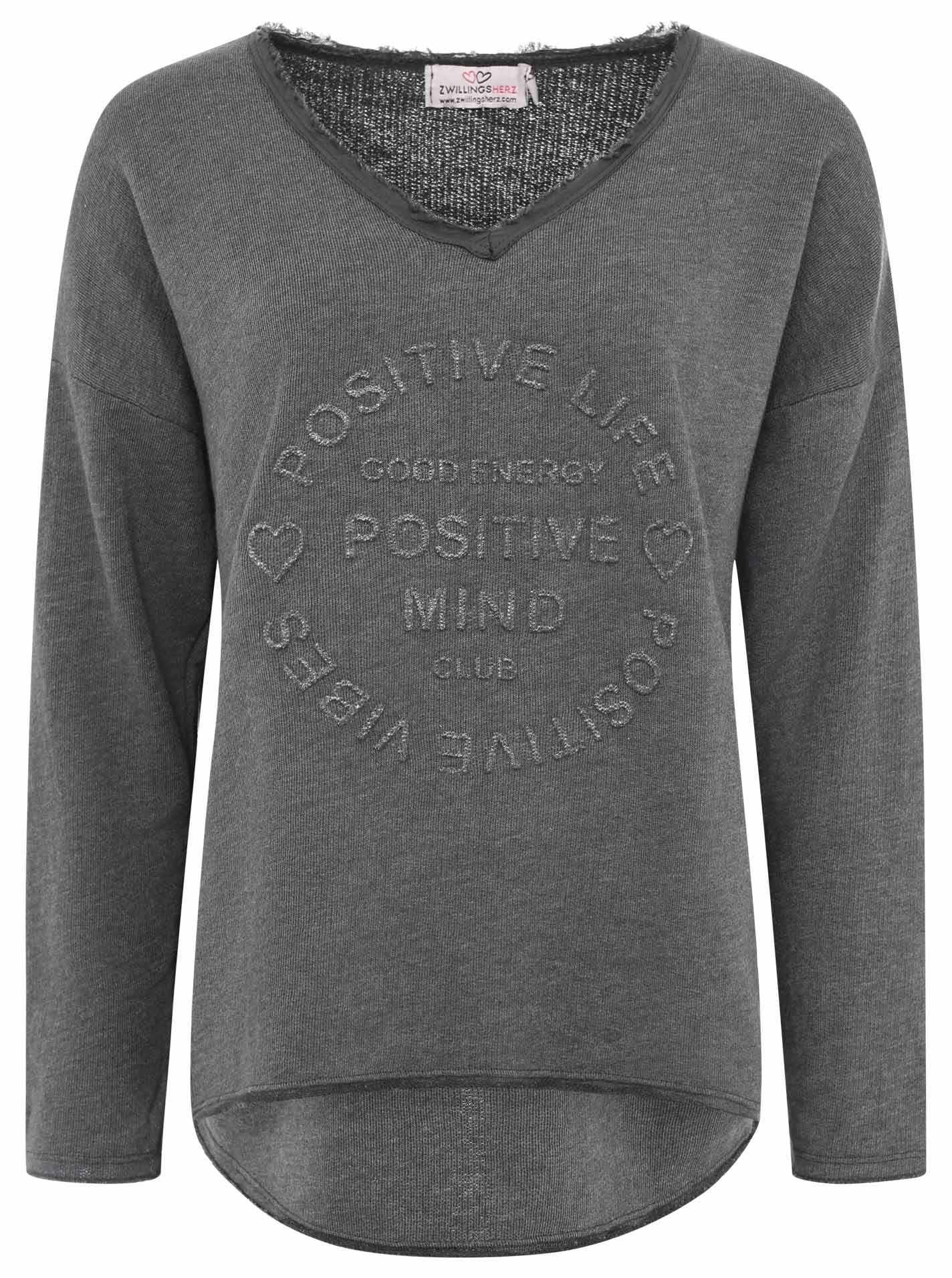 Zwillingsherz Sweat-shirt »"Positive Mind"«, encolure en V effilochée, look usé, manches longues, inscription

