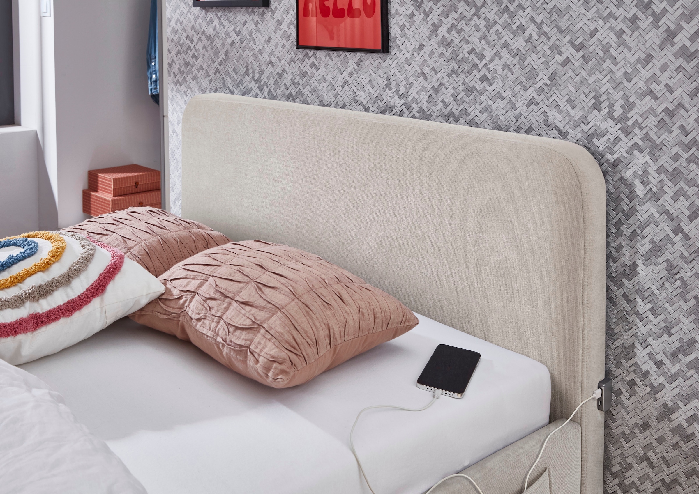 meise.möbel Kinderbett »COSY in de Breiten 90, 120 & 140 erhältlich, wahlweise mit Bettkasten« wahlweise mit Holzfuss in schwarz oder eiche, inkl. USB-Anschluss