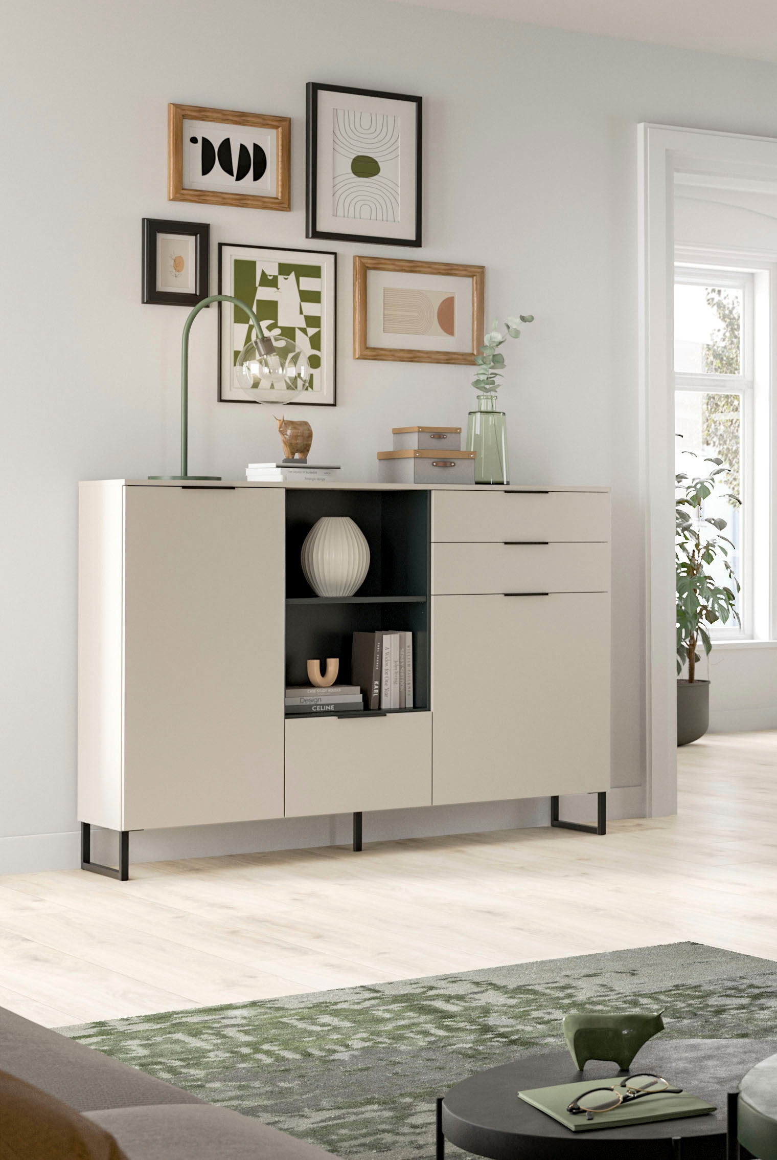 Home affaire Buffet haut »ADIO, Breite 150cm, 2 Türen, 1 Klappe, 2 Schubkästen, mit Metall-Kufen« 1 cuis tlg. Sideboard, Kommode, Lowboard, Schrank, Wohnzimmerschrank, Anrichte