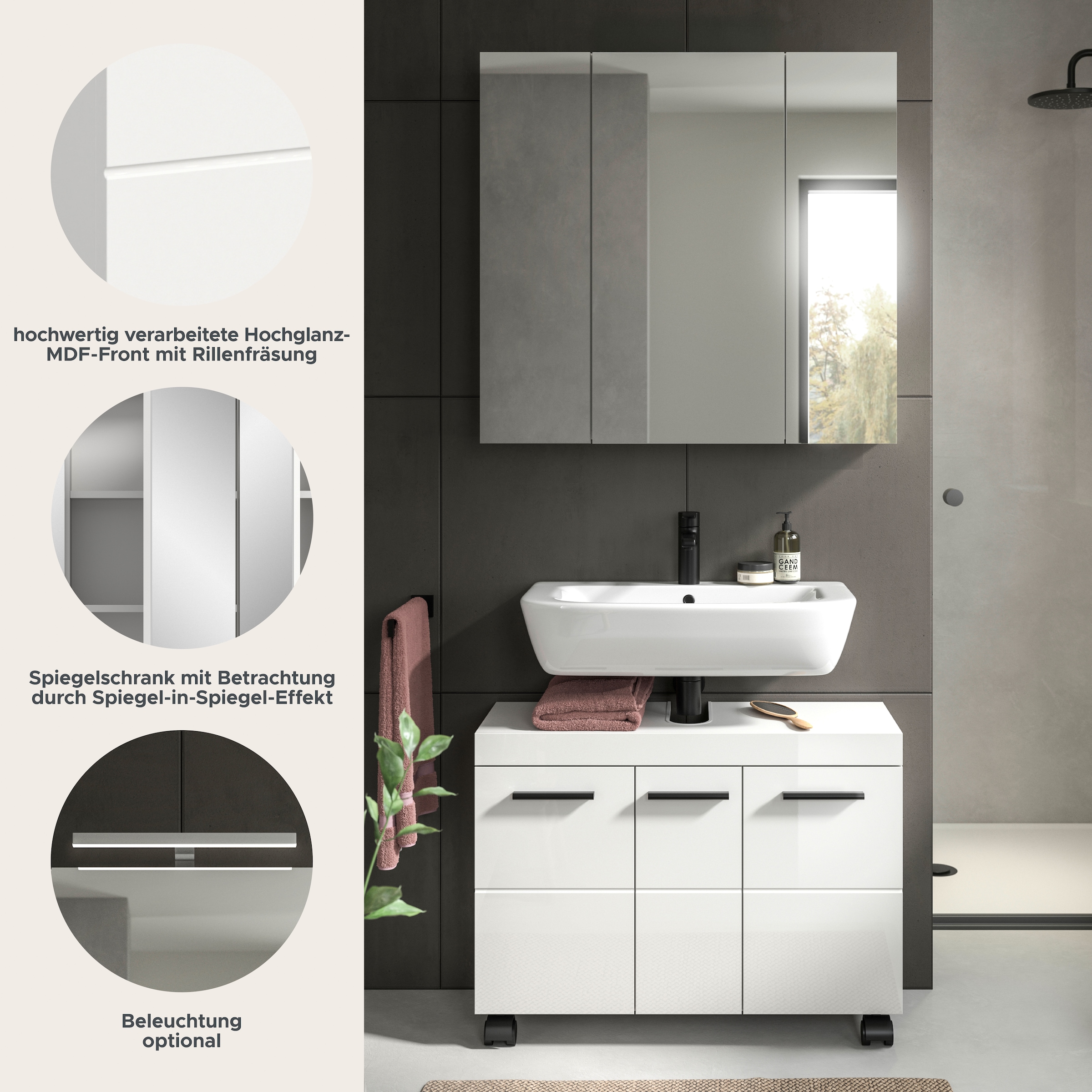 welltime Ensemble de meubles de salle de bain »AVON, Breite 82 cm, 2-teilige moderne Badkombination, auf Rollen« bestehend aus: Waschbeckenunterschrank & Spiegelschrank, 2 cuis tlg.
