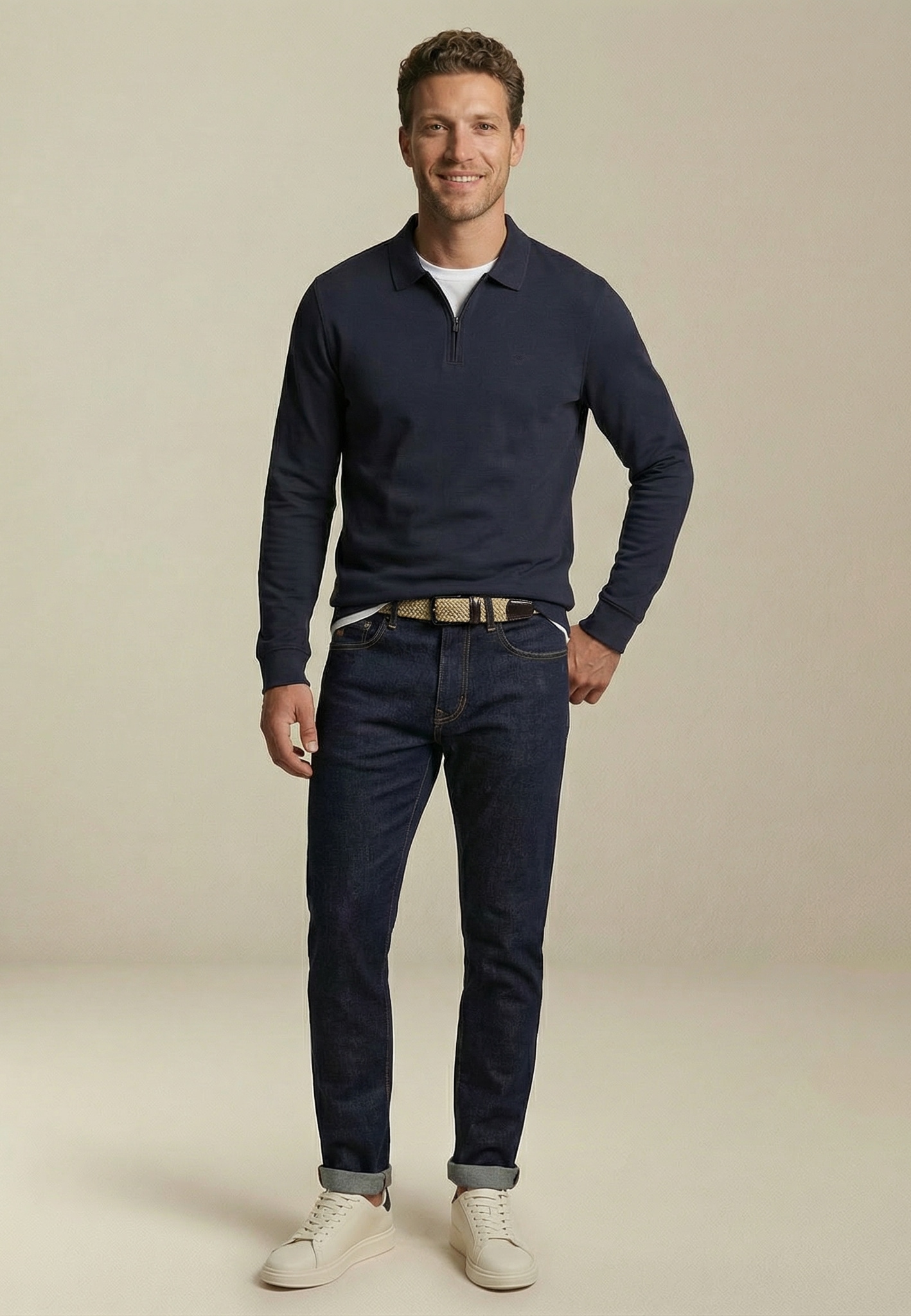 FYNCH-HATTON Langarmshirt normale Passform, mit Zipper, mit Hemdkragen, hüftbedeckende Länge