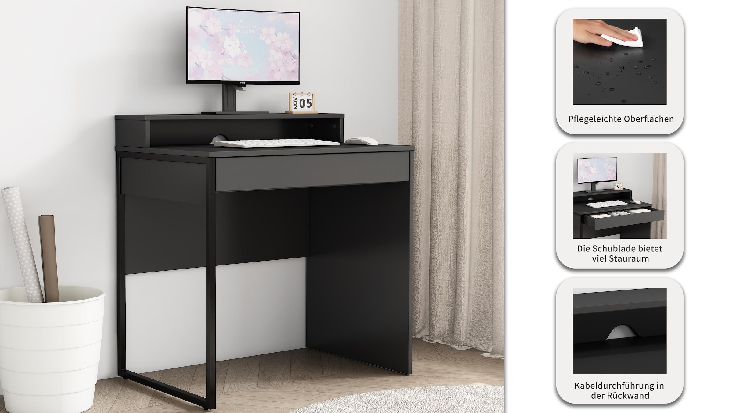 GOODproduct Bureau »Moid, Computertisch in modernem Design« Breite 80 cm, mit Schublade, Kabeldurchlass & Metallkufe