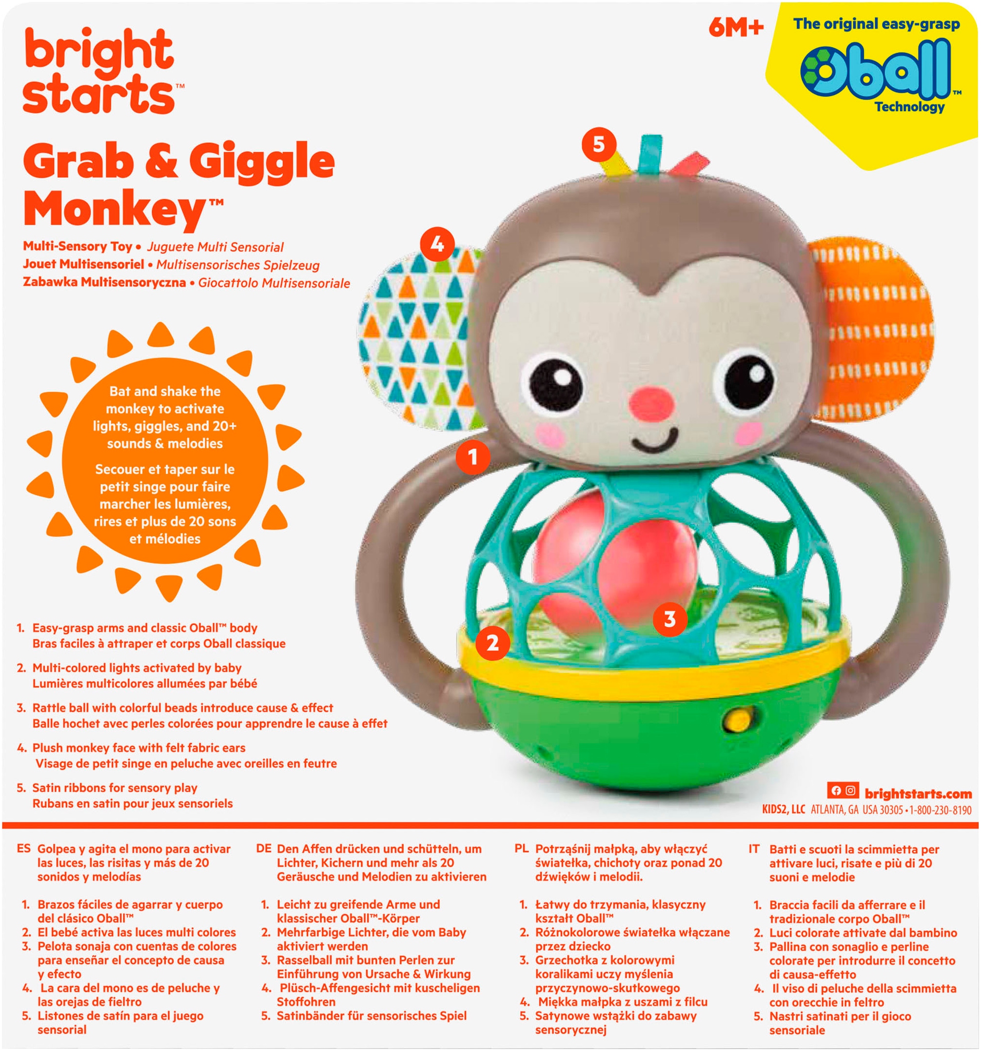 Bright Starts Greifspielzeug »Grab & Giggle Monkey™ Multi-Sensory Toy« mit Sound