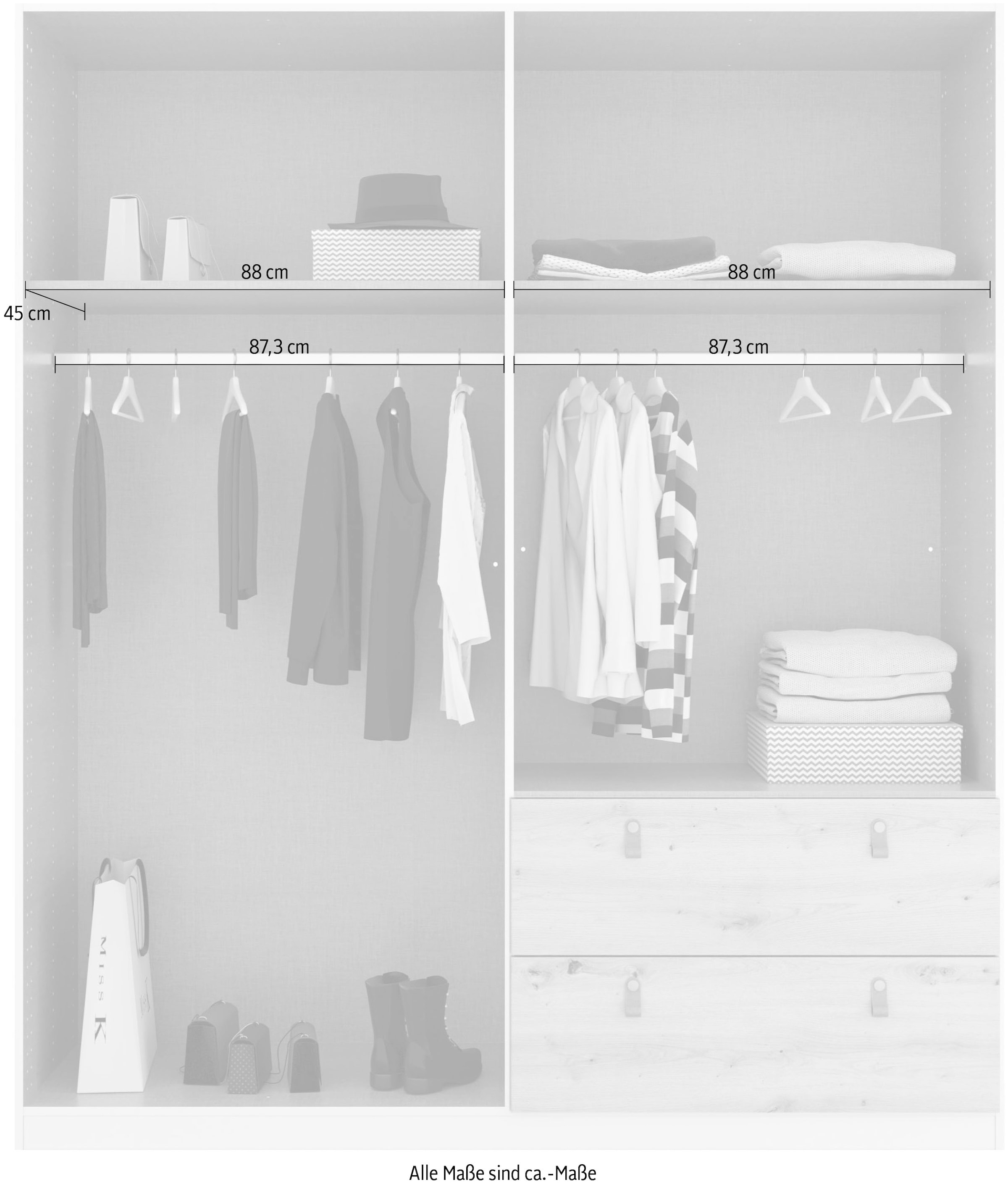 rauch Drehtürenschrank »Kleiderschrank Schrank Garderobe Ankleide HOMEY BY QUADRA SPIN« Breiten: 181/226/271 cm, Höhe 210 cm,  mit cognacbraunen Ledergrifflaschen, Schubladen in Eichen-Dekor